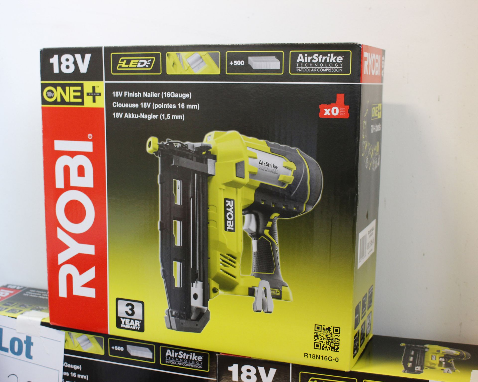 A Ryobi One+ 18V finish nailer, 16 gauge.