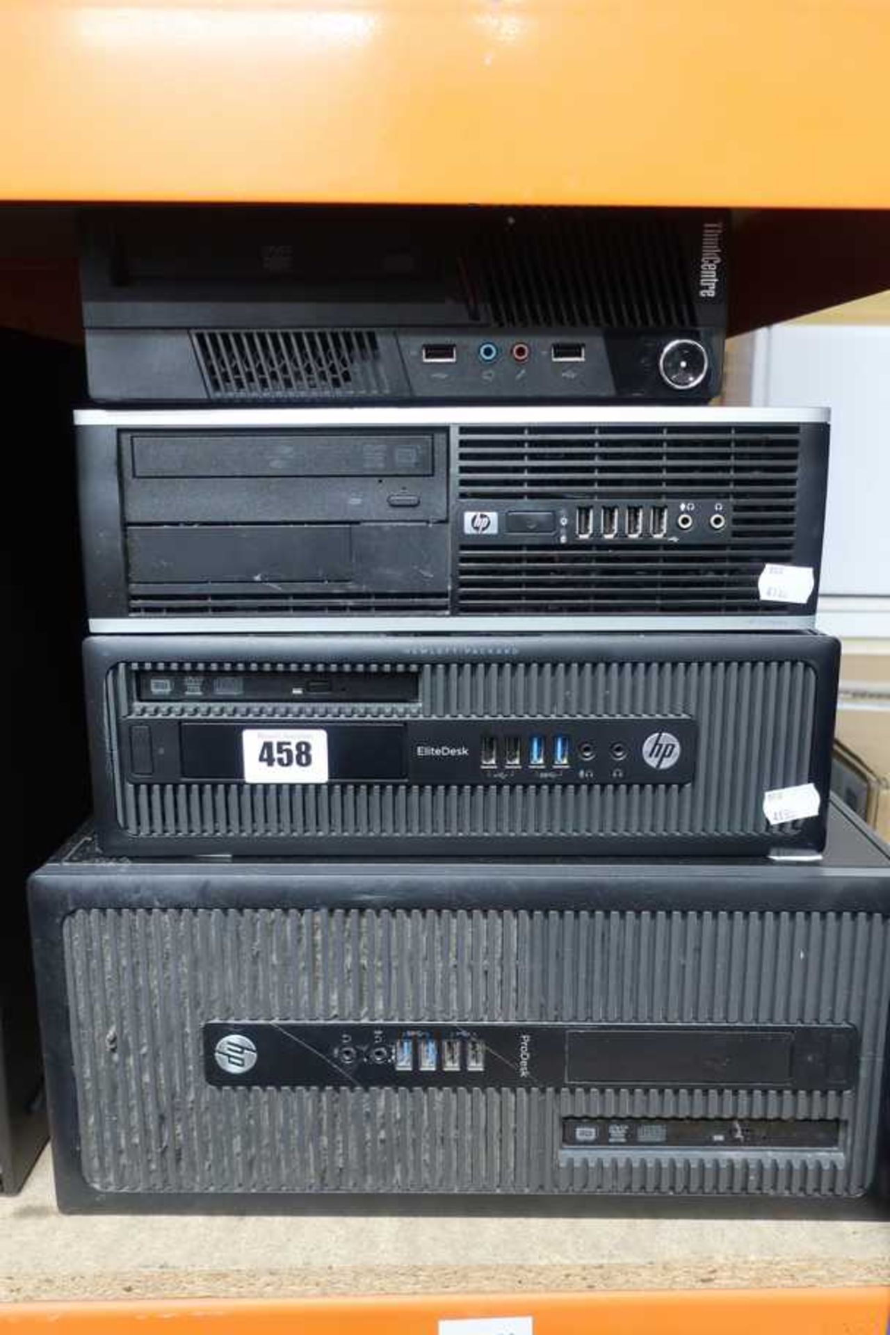 A pre-owned HP ProDesk 600 G1 i5 Tower PC, an HP Elite Desk 800 G1 SFF PC, an HP Compaq 8000 Elite