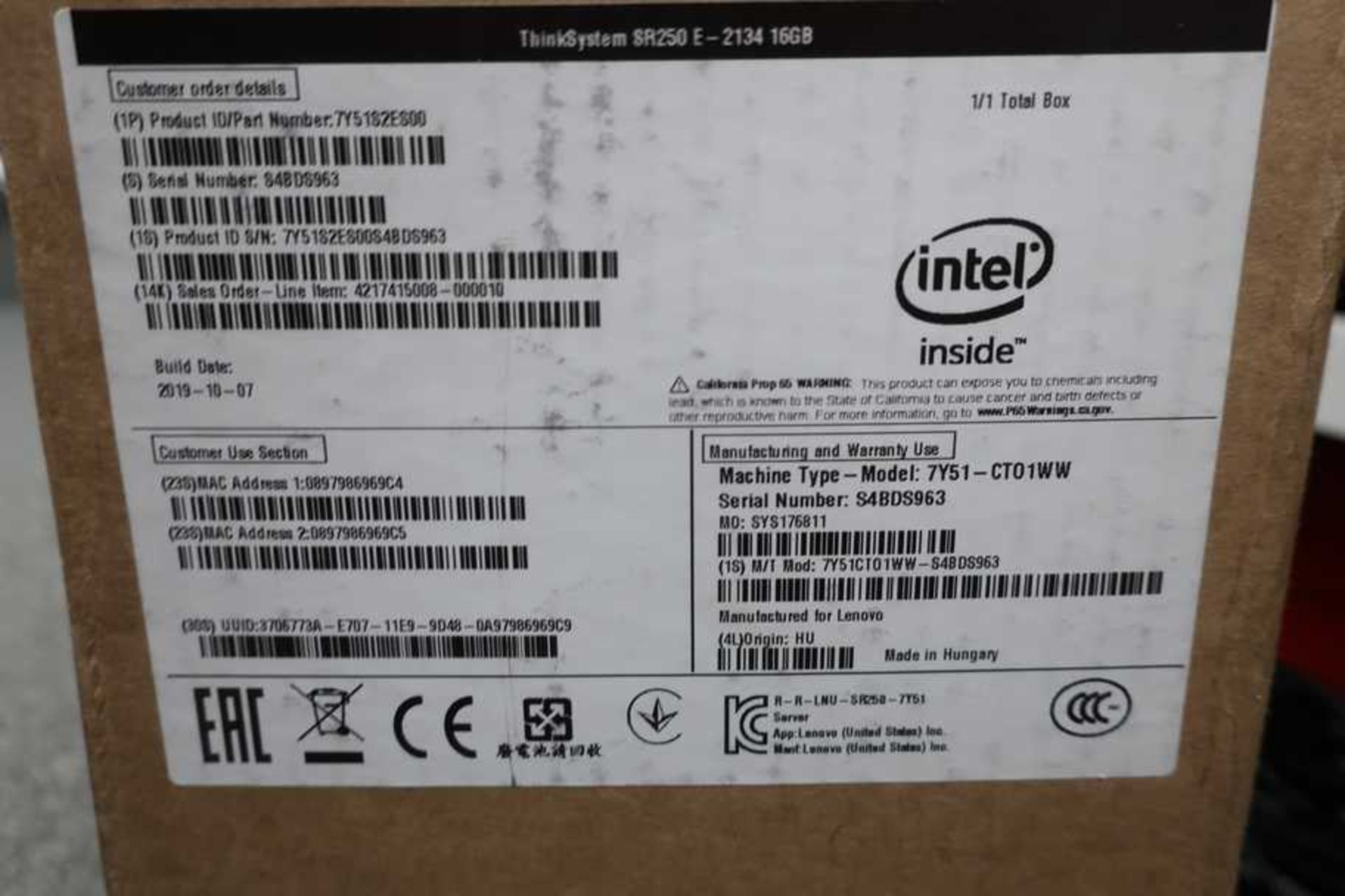 A boxed as new Lenovo ThinkSystem SR250 E-2134 16GB Server (Model: 7Y51-CT01WW Serial: S4BDS963) (