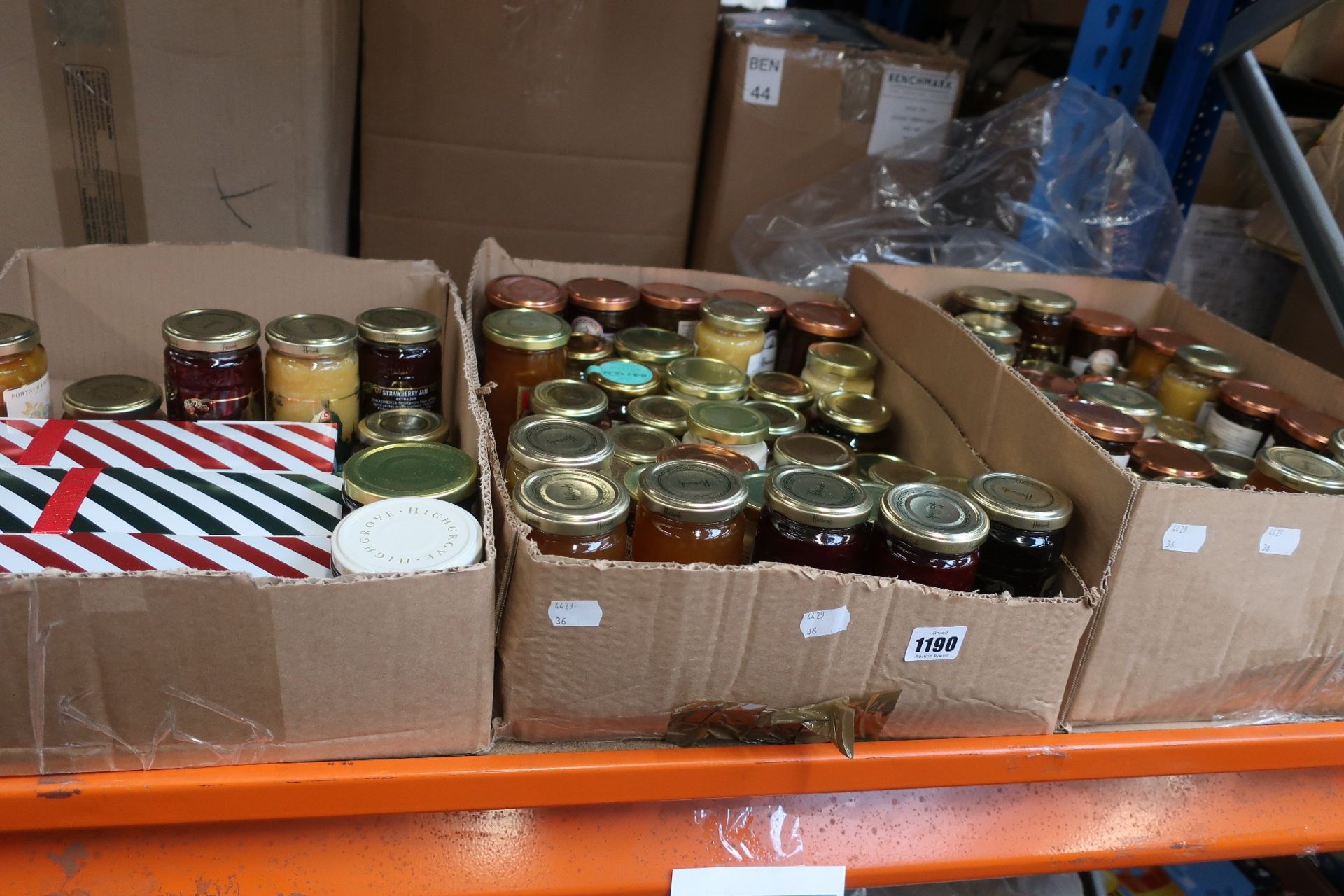 Three boxes of assorted jams and preserves to include Harrods and Fortnum's and Mason.