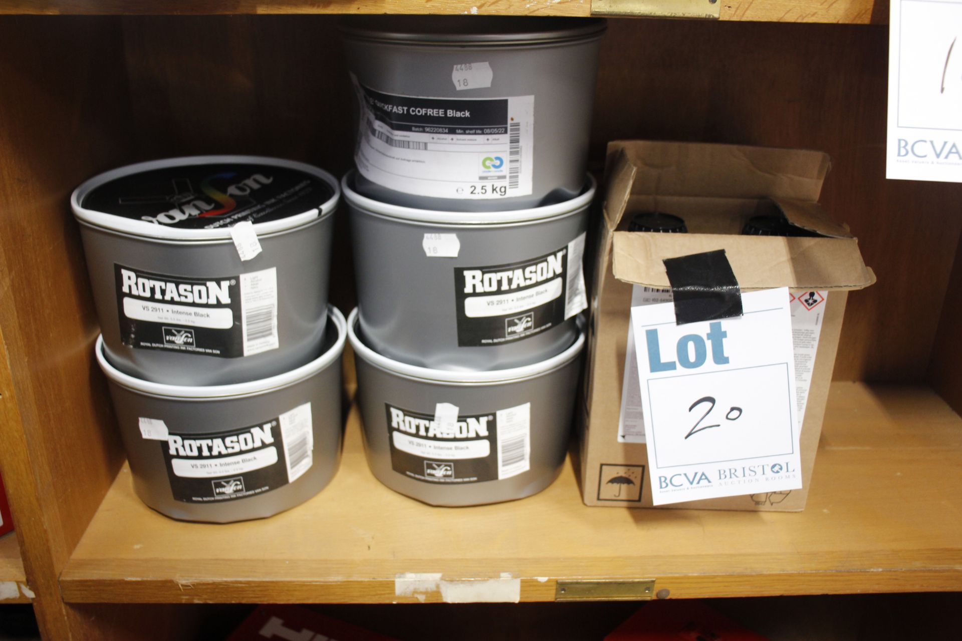 A quantity of printing ink to include Rotason intense black 2.5kg.