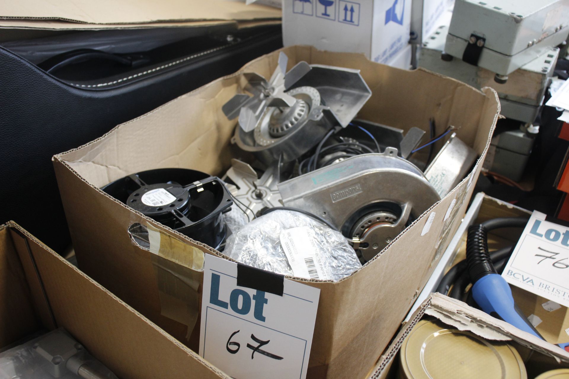 A box of fans to include EBM Papst 230v.