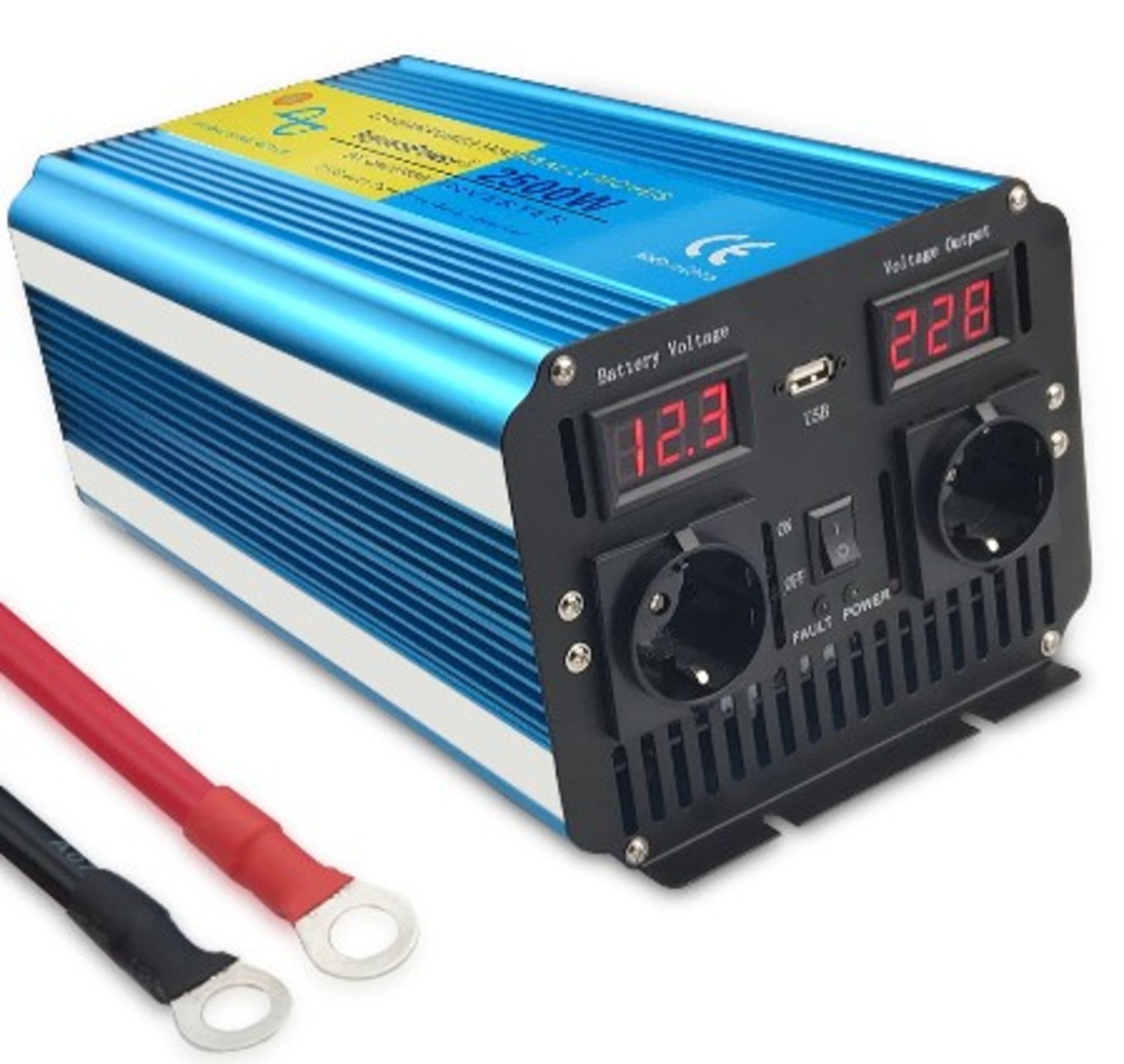 A boxed as new Luyuanipower DX-GAC2500W Power Inverter. 12V DC to 230V AC convertor with LCD