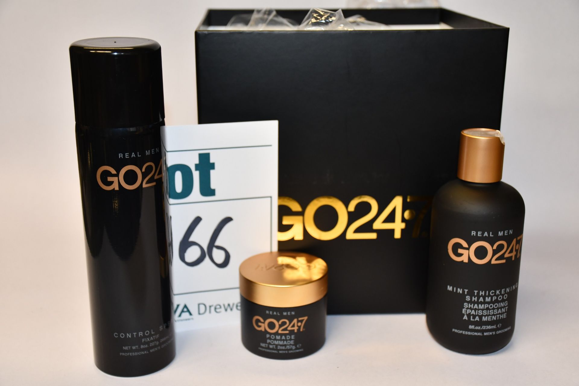 A boxed as new Go247 male groom set to include hair products and body wash (approximately 11