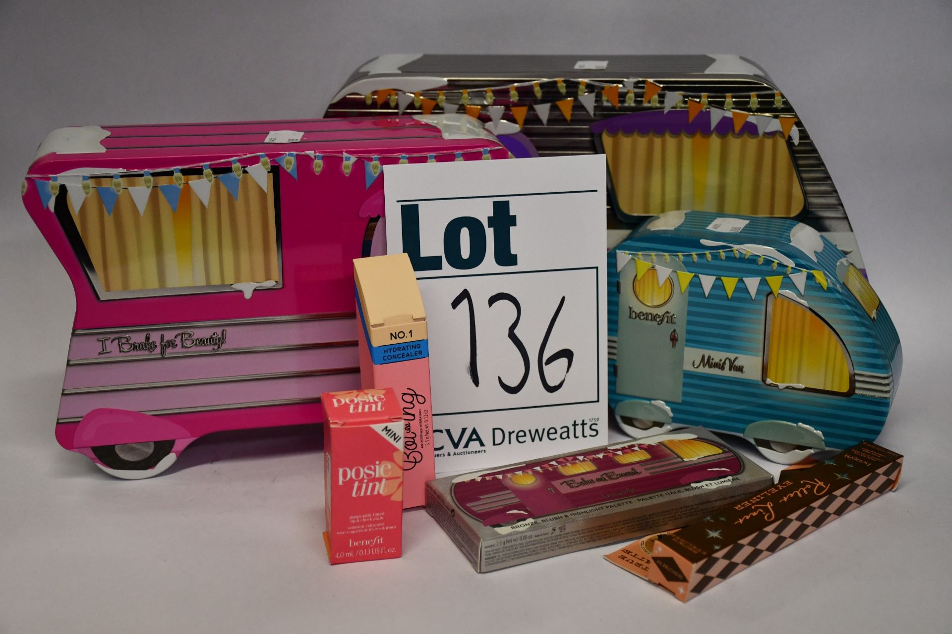 A quantity of as new Benefit makeup and cosmetics sets to include nine Mini Van sets, an I Break For