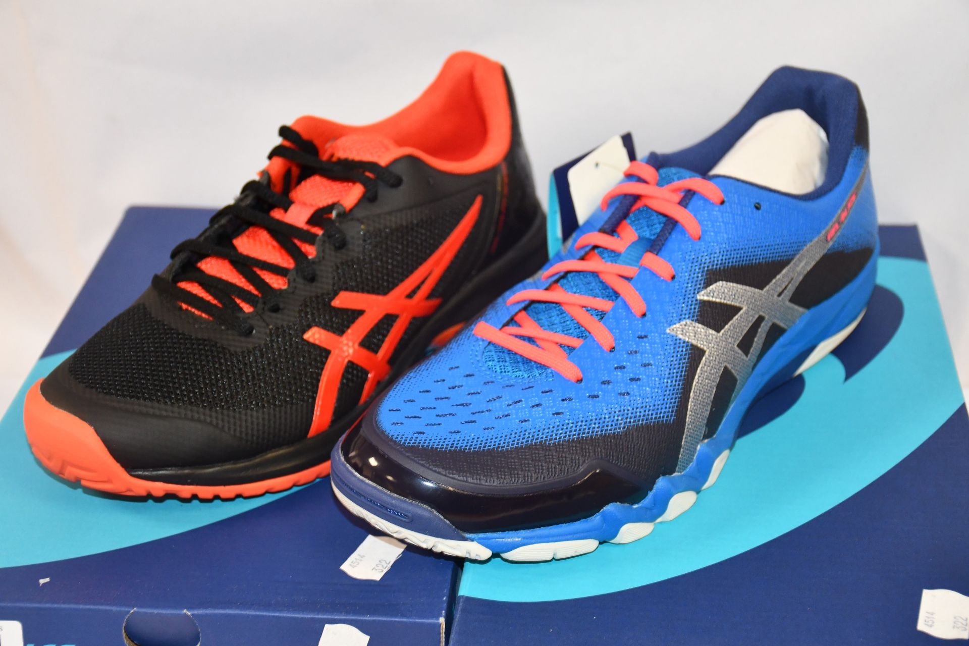 Two pairs of as new Asics footwear; Gel-Court Speed (UK 6) and Gel-Blade 6 (UK 9.5).