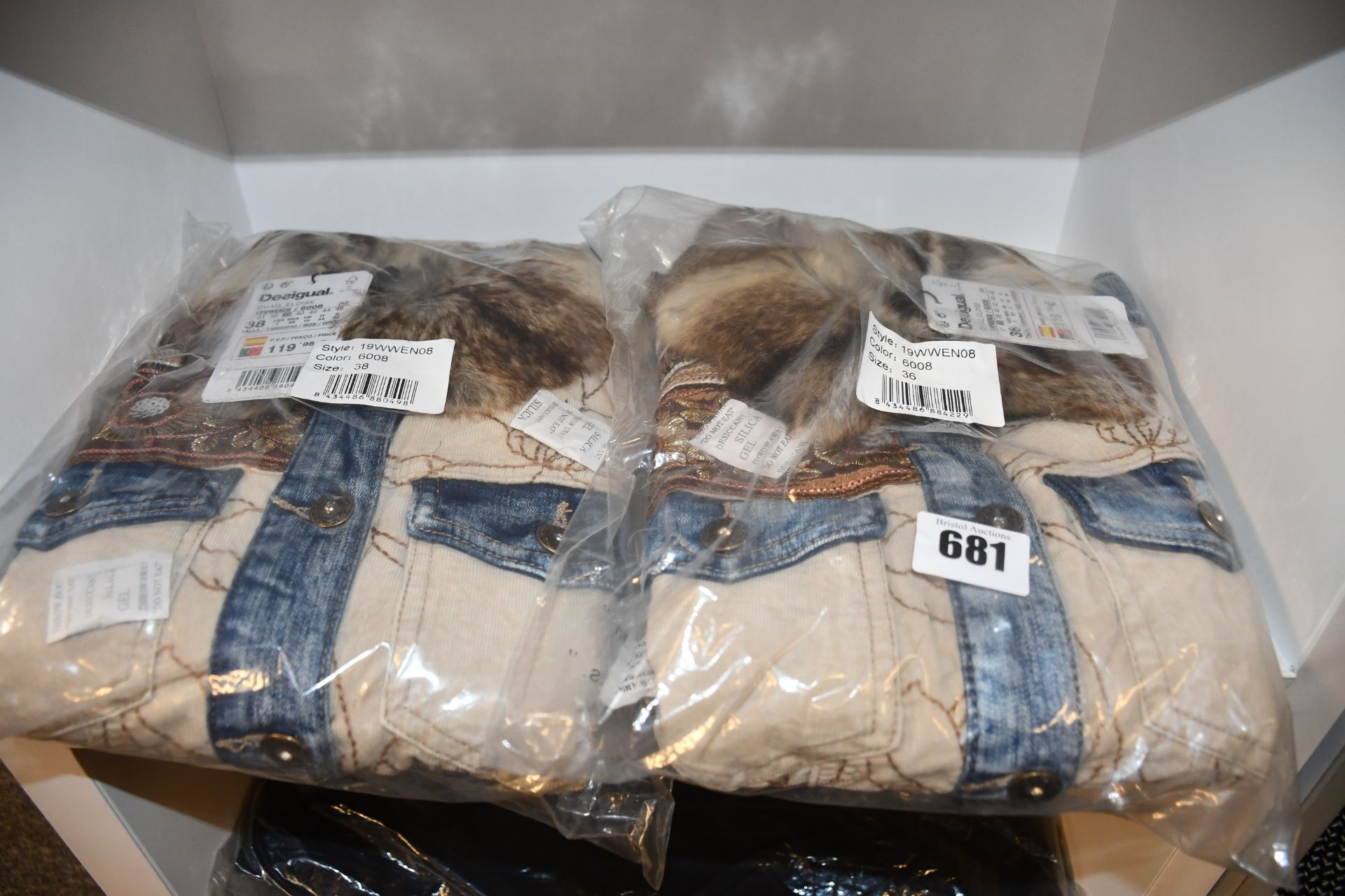Two as new Desigual Eloise denim/cord/faux fur jackets (UK 8 and 10 - RRP €120 each).