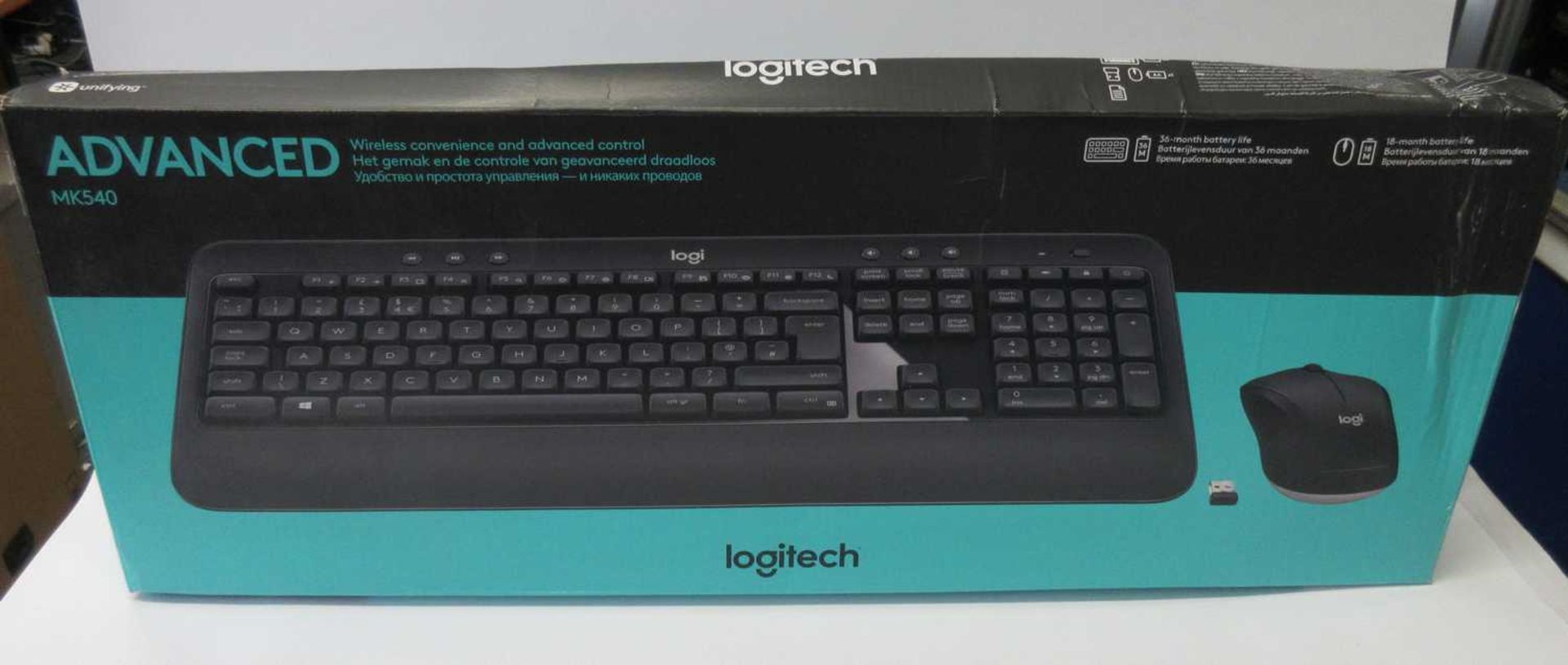 A boxed as new Logitech MK540 Advanced Wireless Keyboard and Mouse (Box sealed, some cosmetic damage