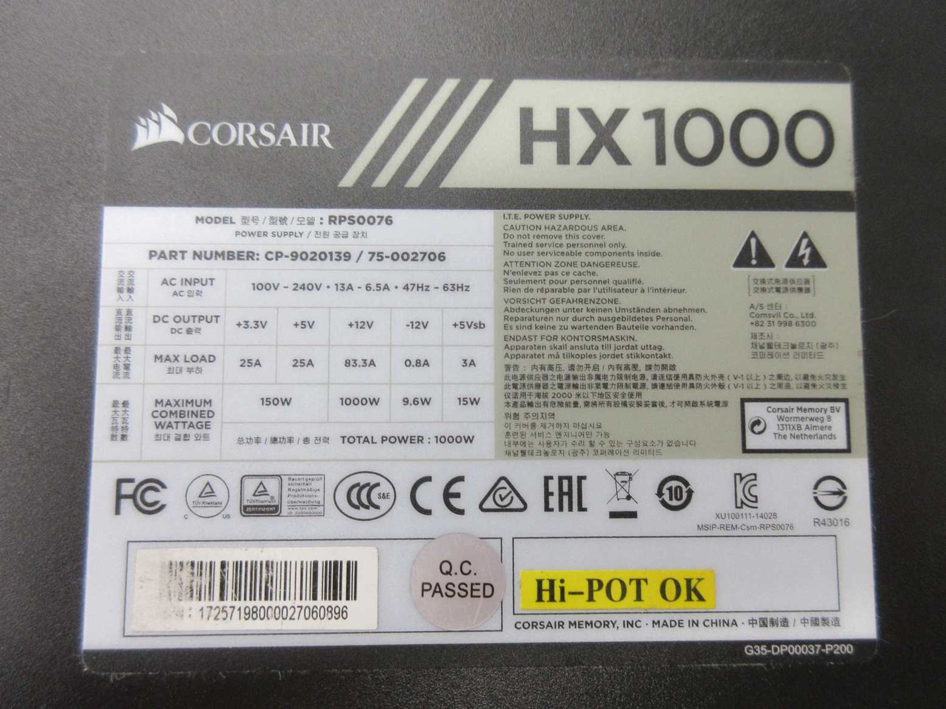 A pre-owned Corsair HX1000 1000W Modular Power Supply Unit with assorted cables (Model: RPS0076 Part - Image 3 of 6