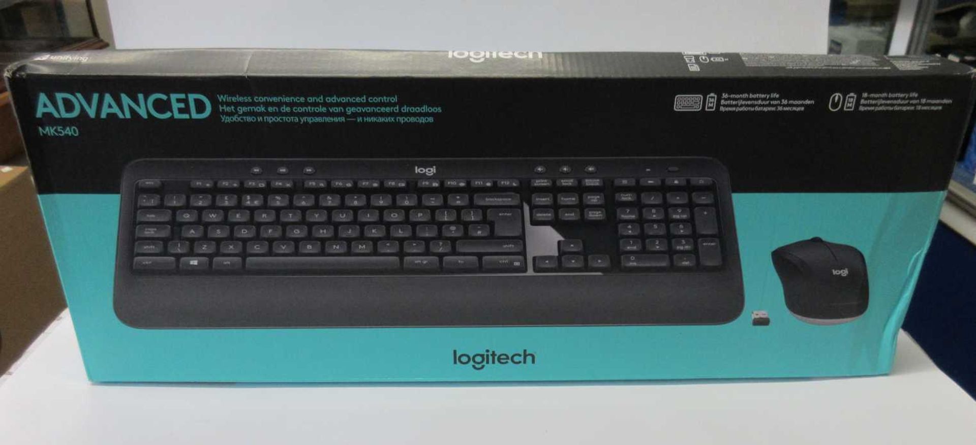 A boxed as new Logitech MK540 Advanced Wireless Keyboard and Mouse (Box sealed, some cosmetic damage