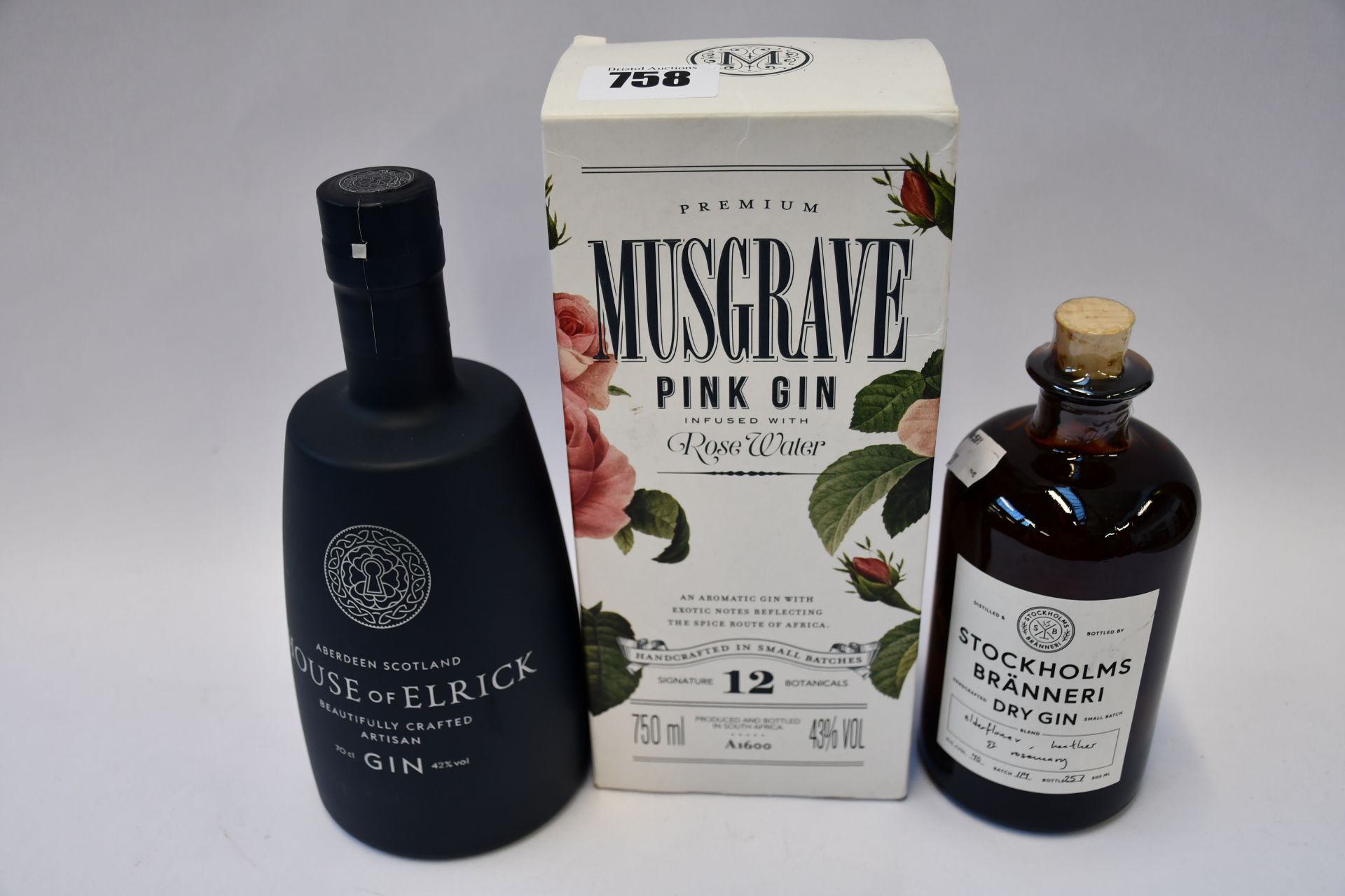 Musgrave pink gin infused with Rose water (750ml), House of Elrick Artisan gin (700ml) and