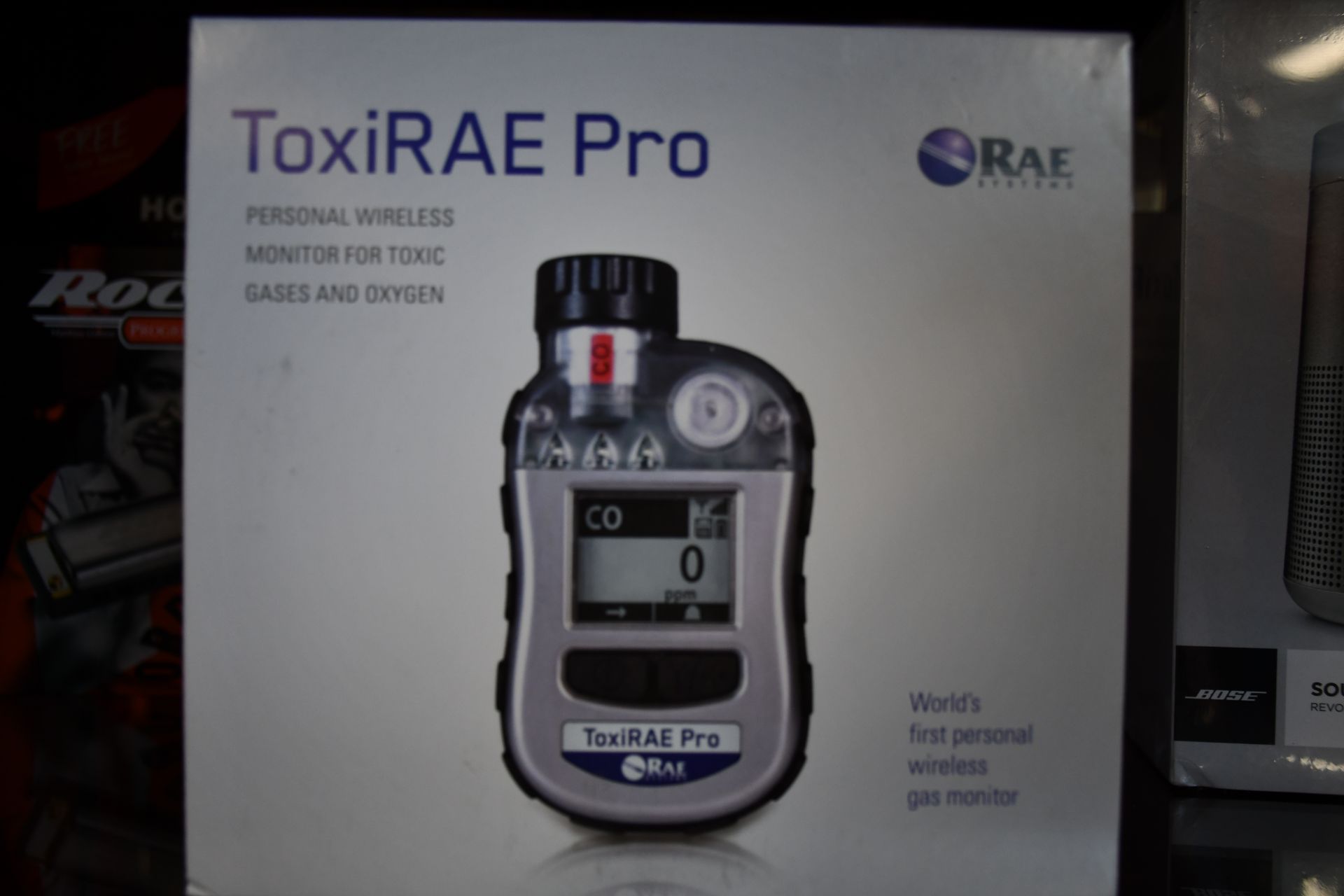 A boxed as new ToxiRae Pro personal wireless monitor for toxic gases and oxygen.