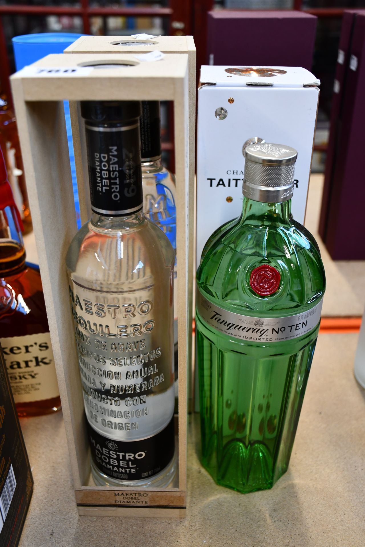 Two Maestro Dobel Diamante tequilas (2 x 750ml), Tanqueray No 10 gin (1ltr) and a Taittinger reserve