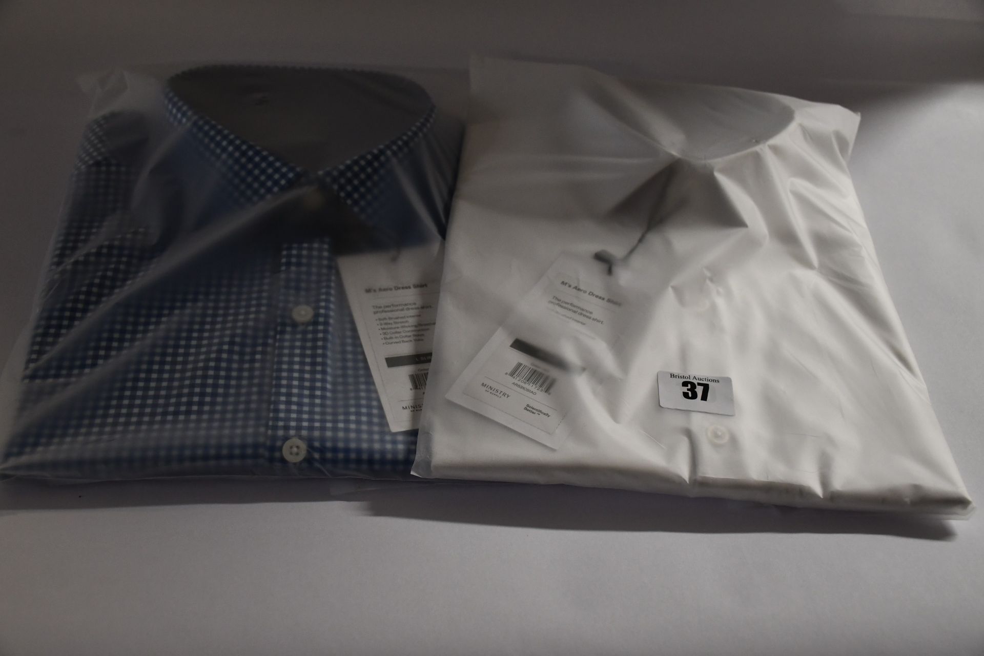 Two as new Ministry of Supply M'sAero dress shirts (1 x XS, 1 x L).