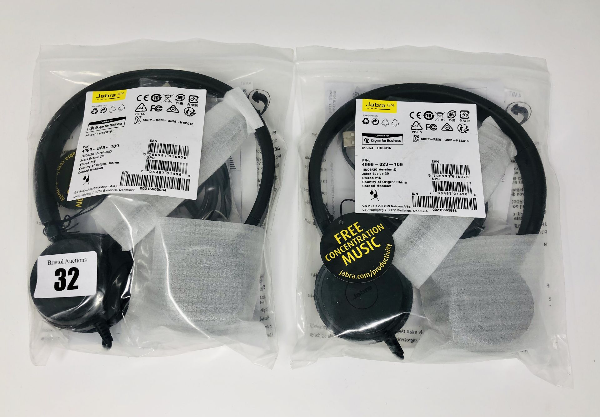 Two as new Jabra Evolve 20 USB Stereo Headsets (P/N: 4999-823-109).