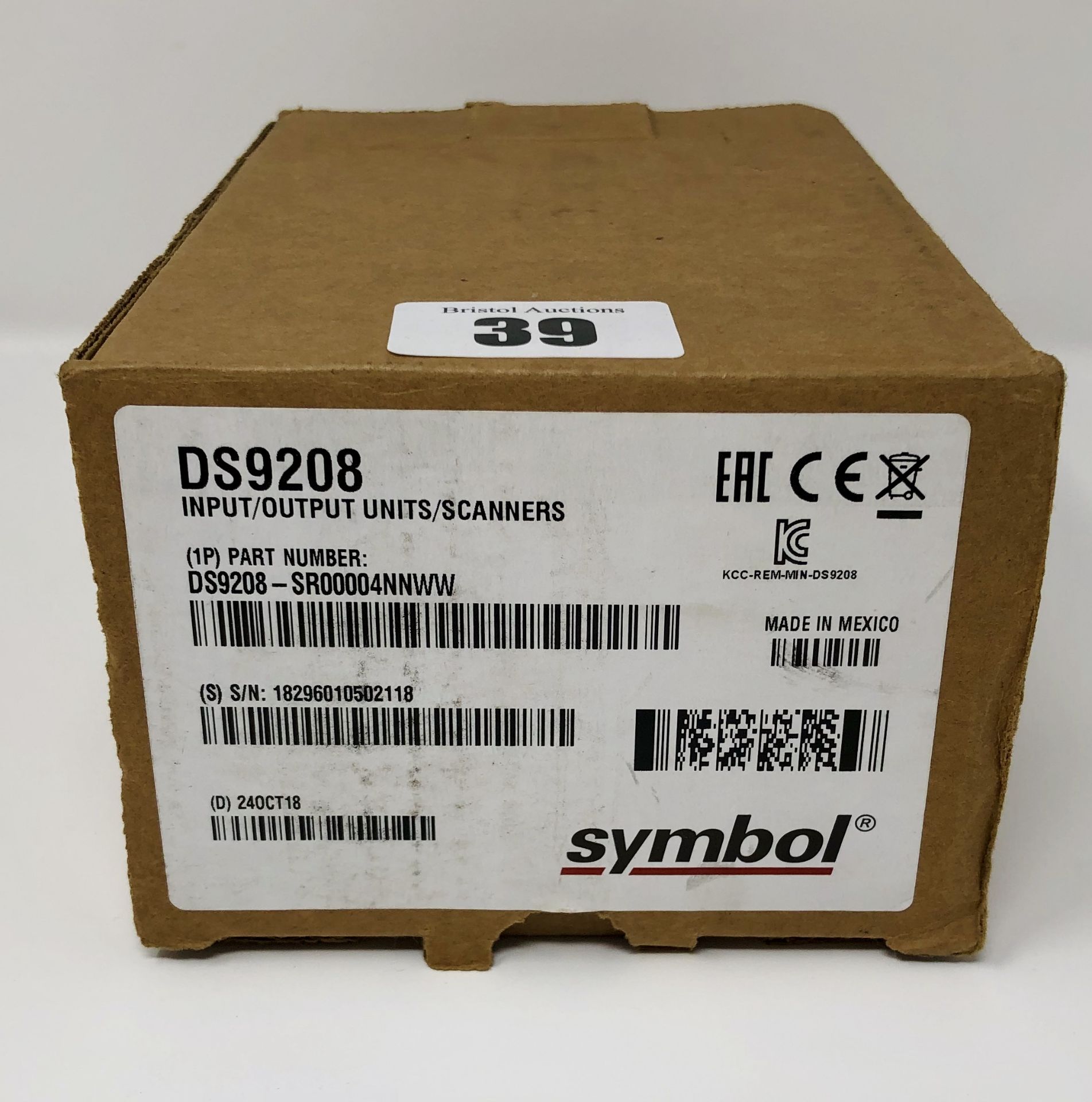 A boxed as new Symbol DS9208-SR00004NNWW Barcode Scanner (Box and inner packaging opened).