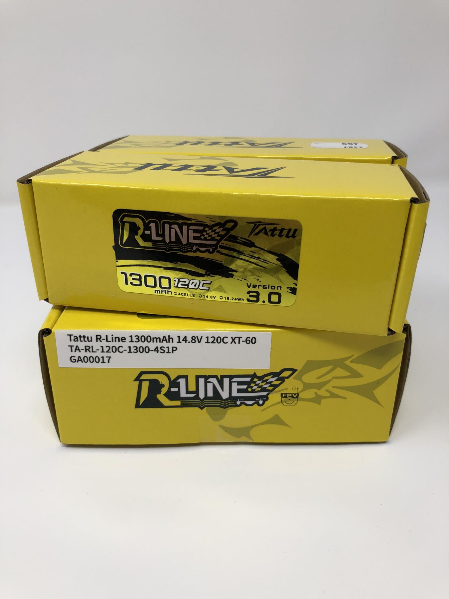 Four boxed as new Tattu R-Line 3.0 1300mAh 14.8V 120C 4S1P Lipo Battery Packs with XT60 Plugs (