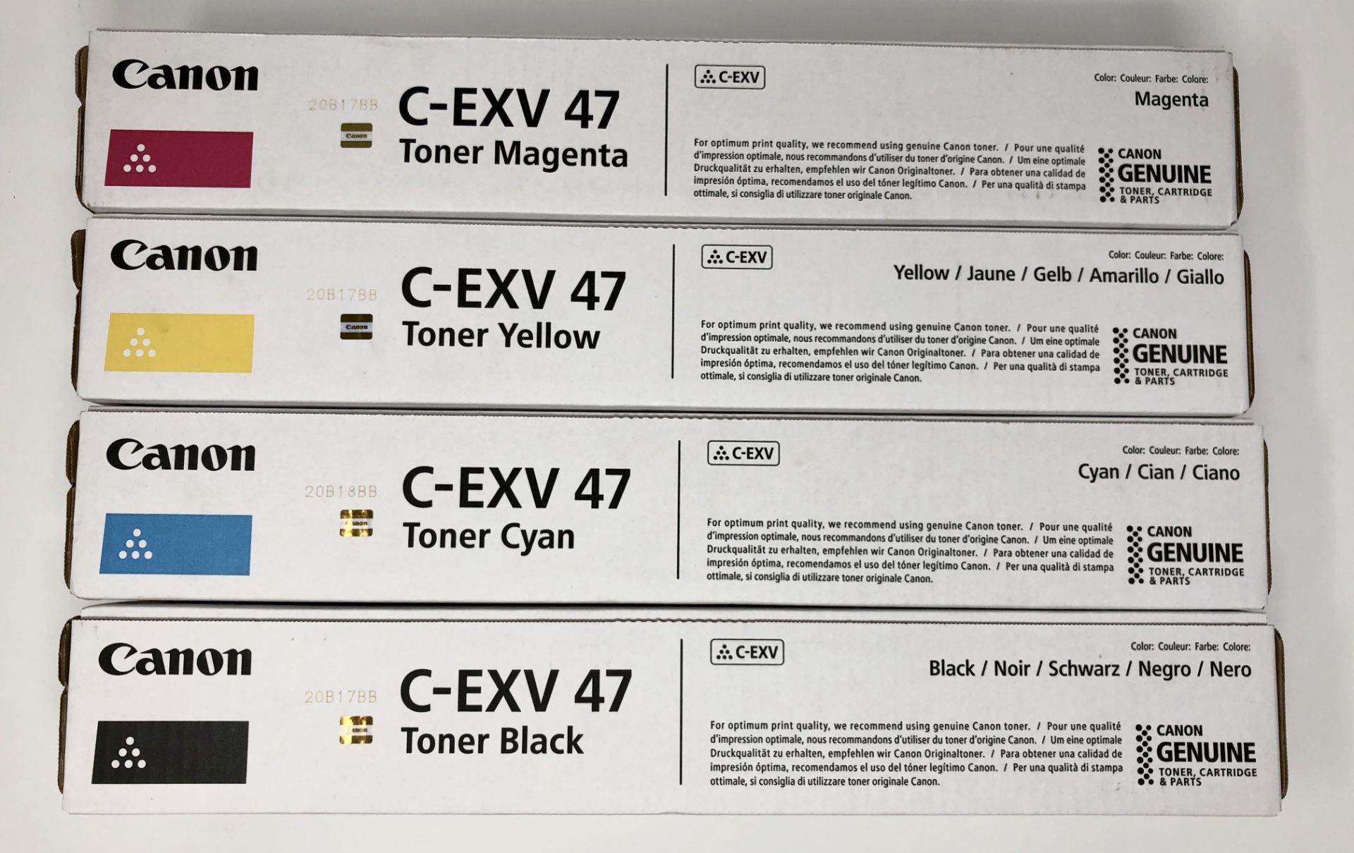 Four boxed as new Canon C-EXV47 Toner Cartridges; Black, Magenta, Yellow and Cyan (Boxes sealed).