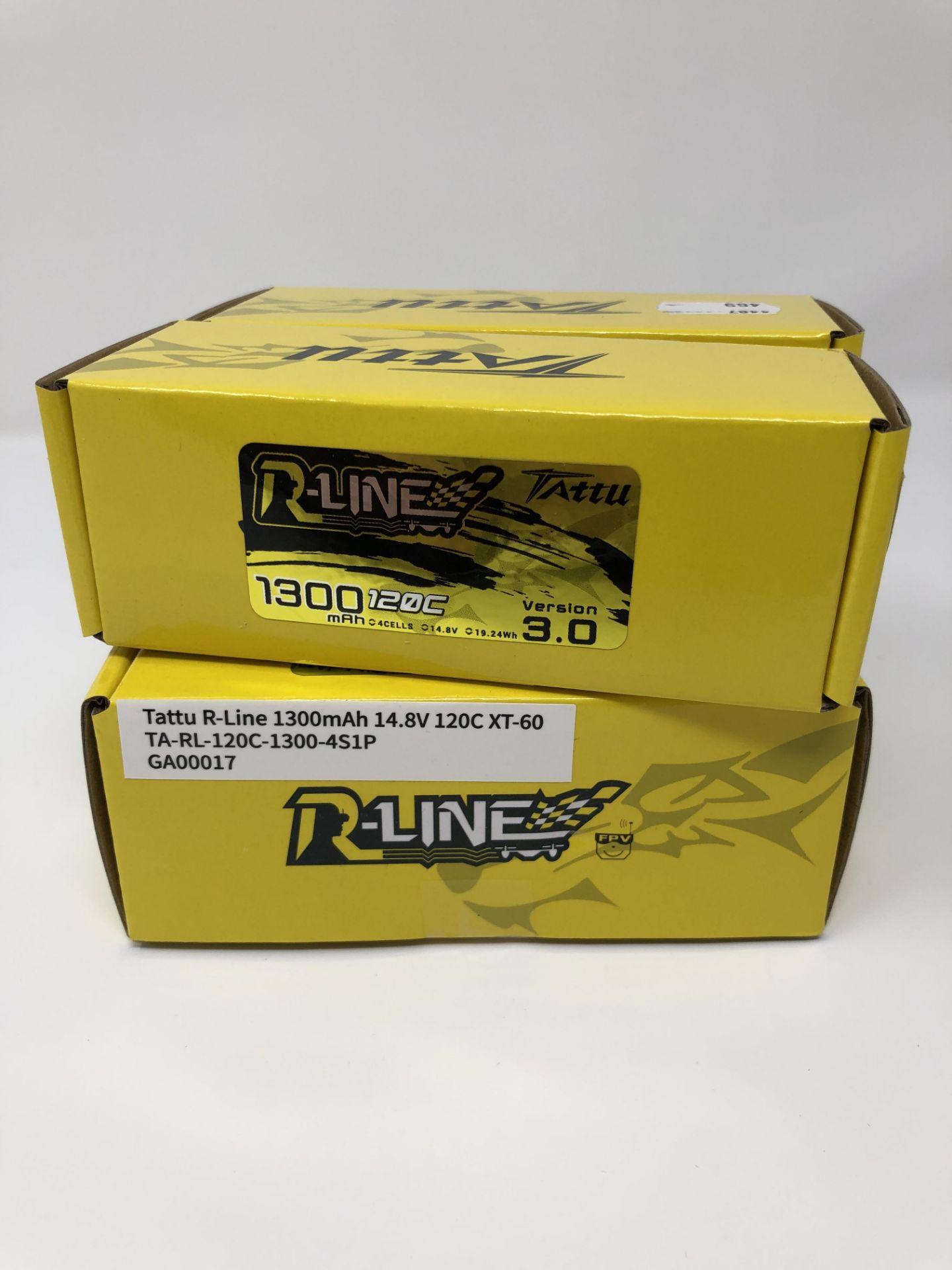 Four boxed as new Tattu R-Line 3.0 1300mAh 14.8V 120C 4S1P Lipo Battery Pack with XT60 Plug (SKU:
