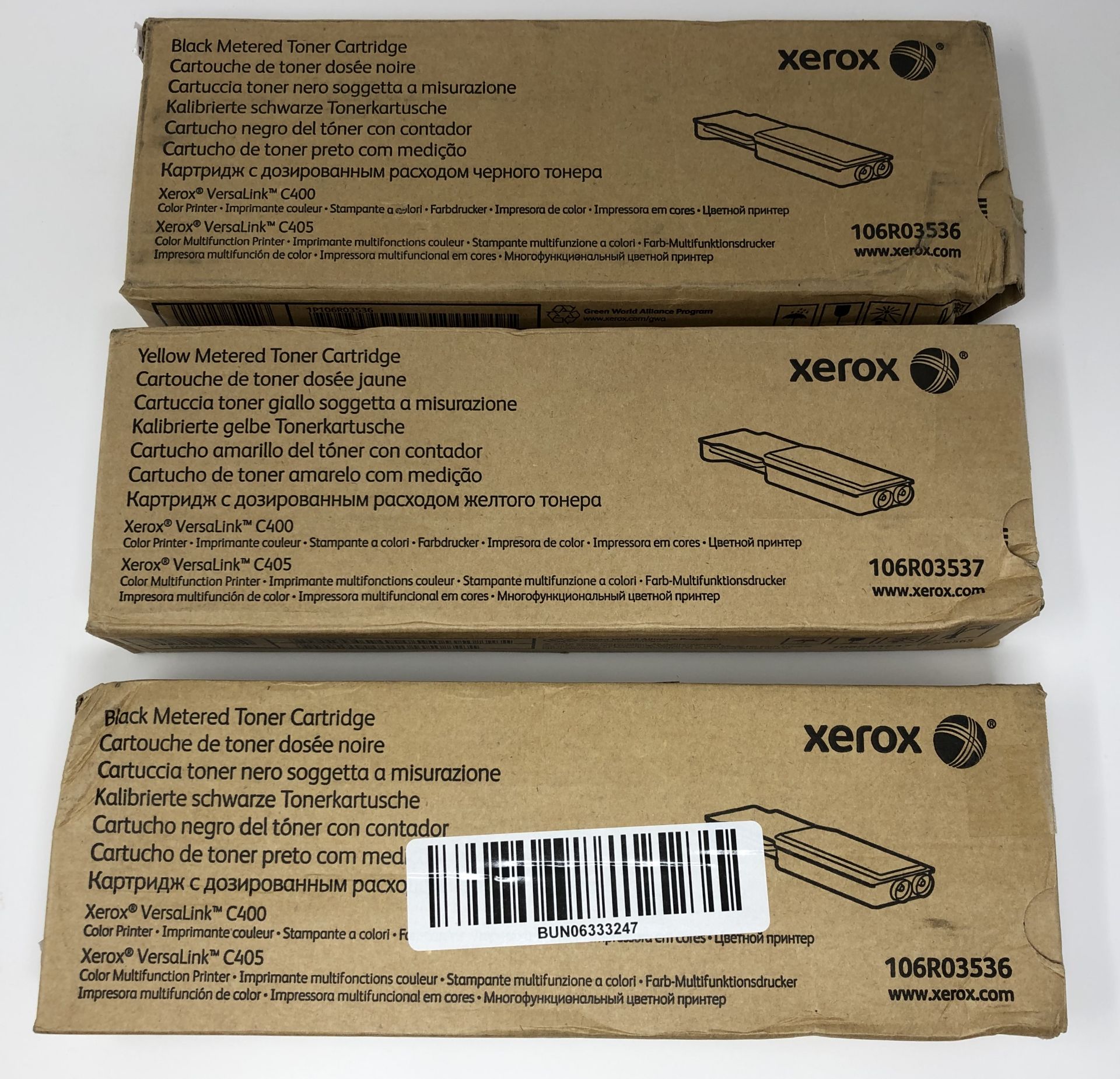 Two boxed as new Xerox 106R03536 Black Toner Cartridges and a boxed as new Xerox 106R03537 Yellow