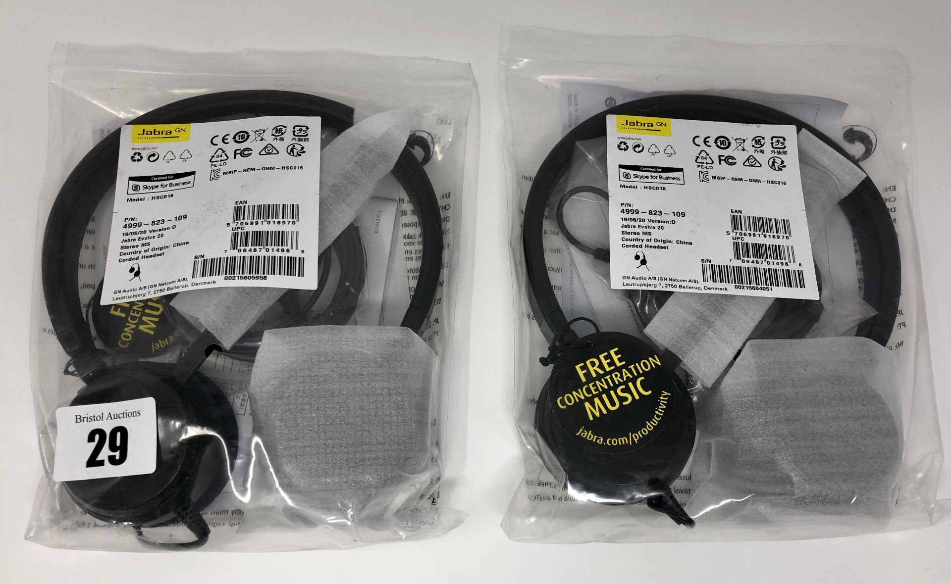 Two as new Jabra Evolve 20 USB Stereo Headsets (P/N: 4999-823-109).