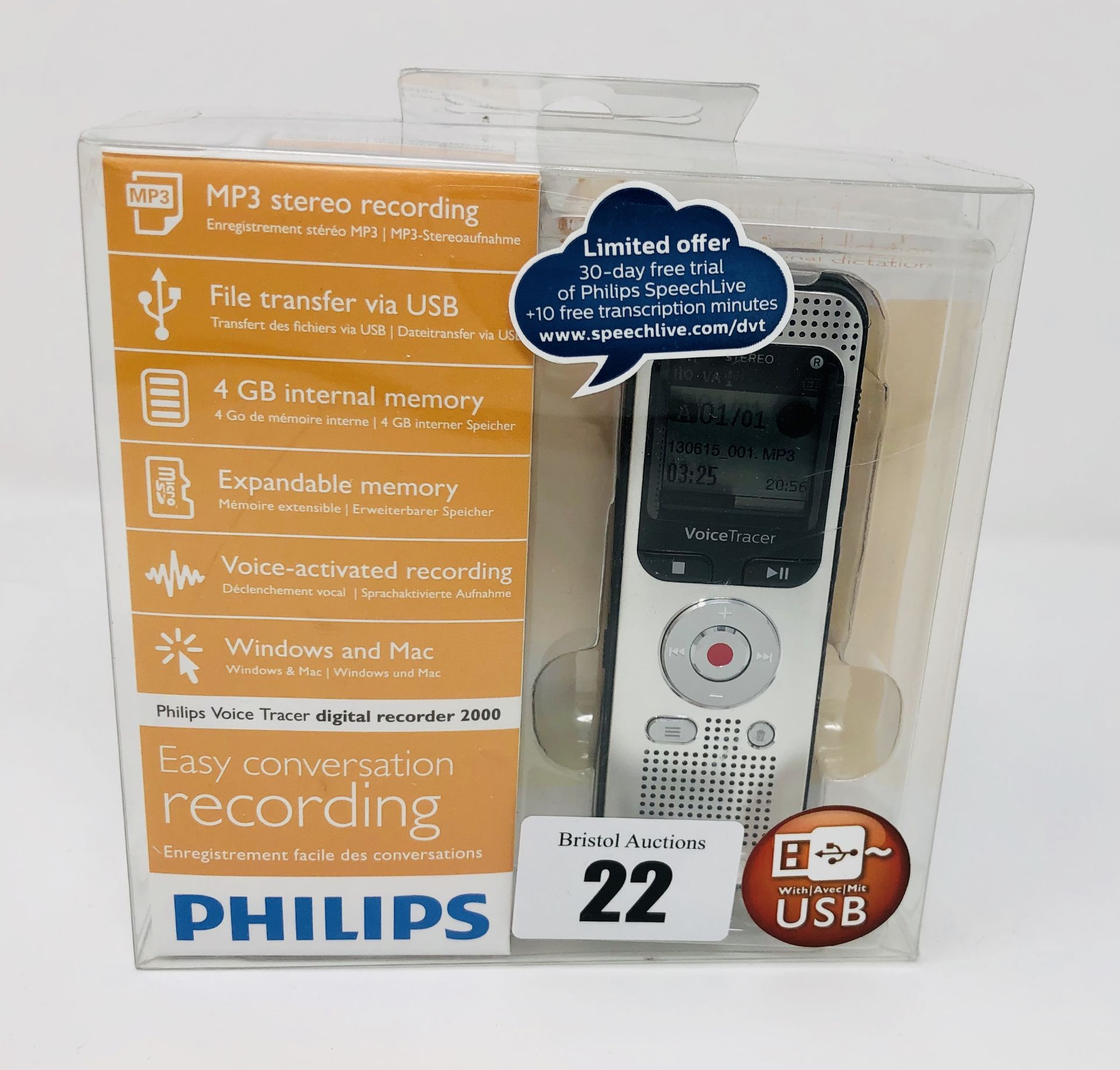 A boxed as new Philips DVT2000 Voice Tracer Stereo 4GB Digital Recorder .