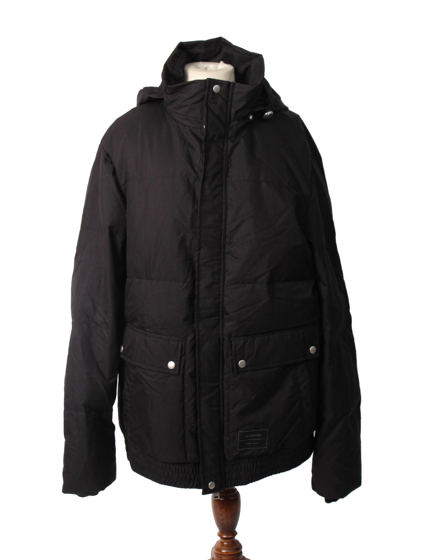 One man's as new All Saints Hadley puffer coat in black (M).