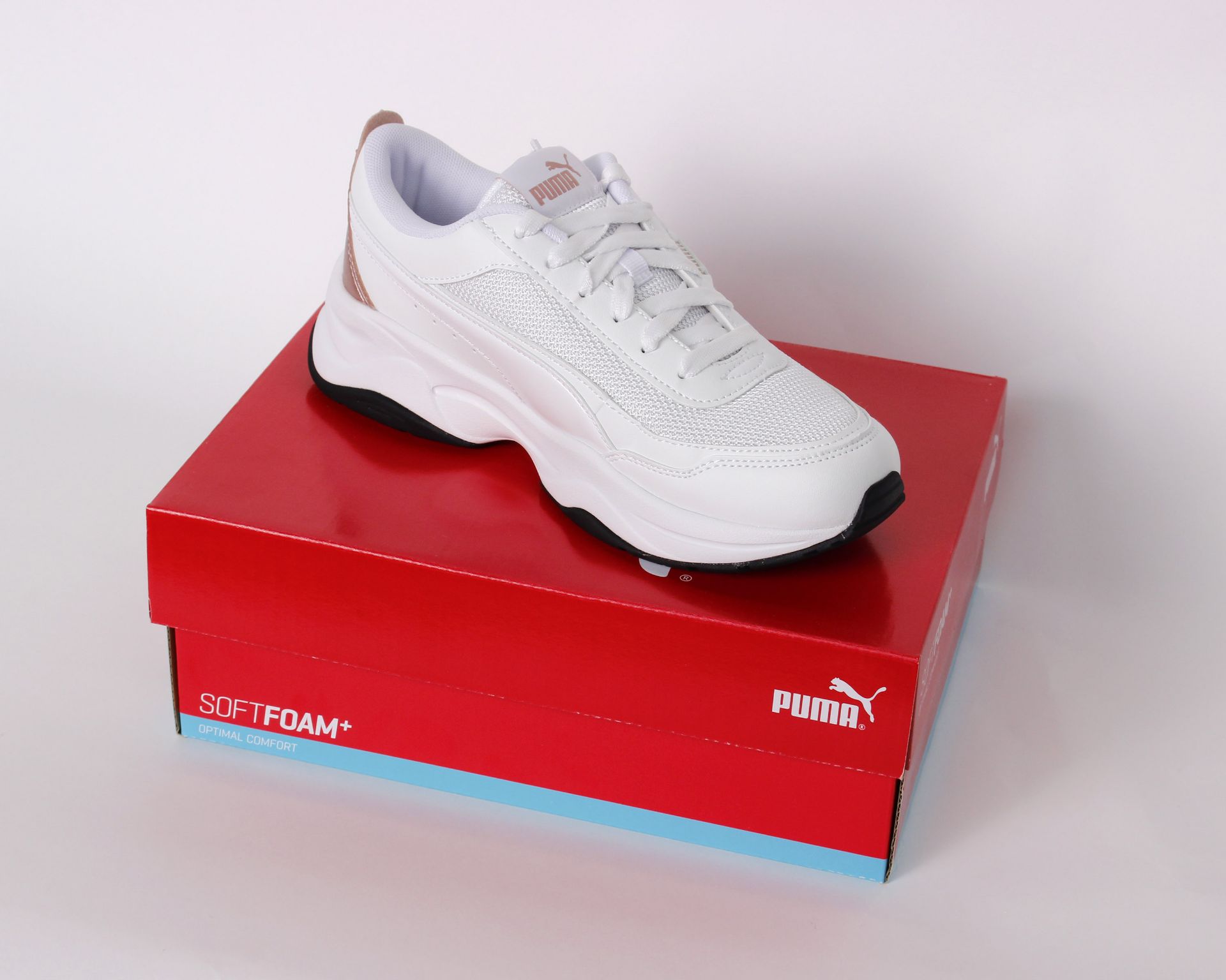 Three pairs of lady's boxed as new Puma Cillia Mode Metallic trainers in white and rose gold (UK - Image 3 of 3