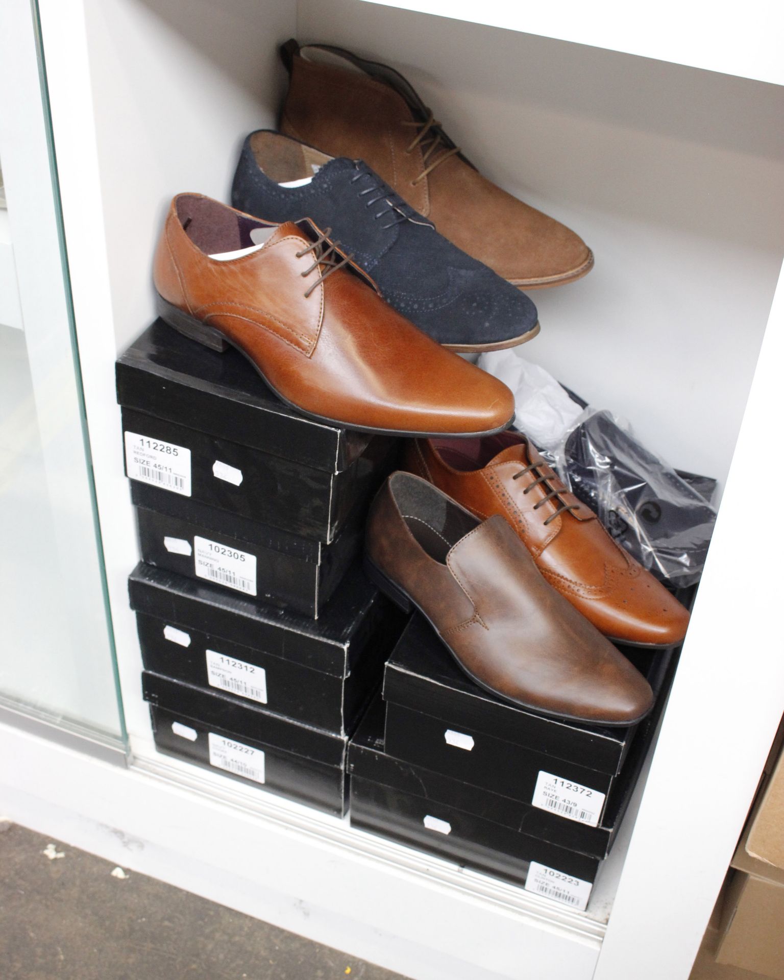 Five pairs of men's boxed as new Burton shoes: Sampson (Tan, UK 11), Cooke (Navy, UK 10, Clinton (