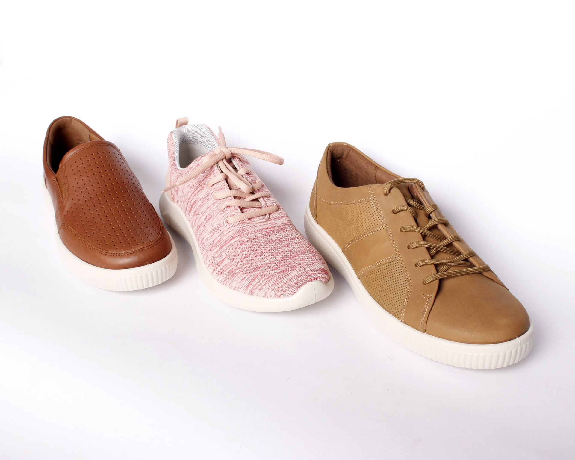 Three pairs of boxed as new Hotter shoes: Nova blush textile (UK 6), Apex dark tan leather (UK 6)