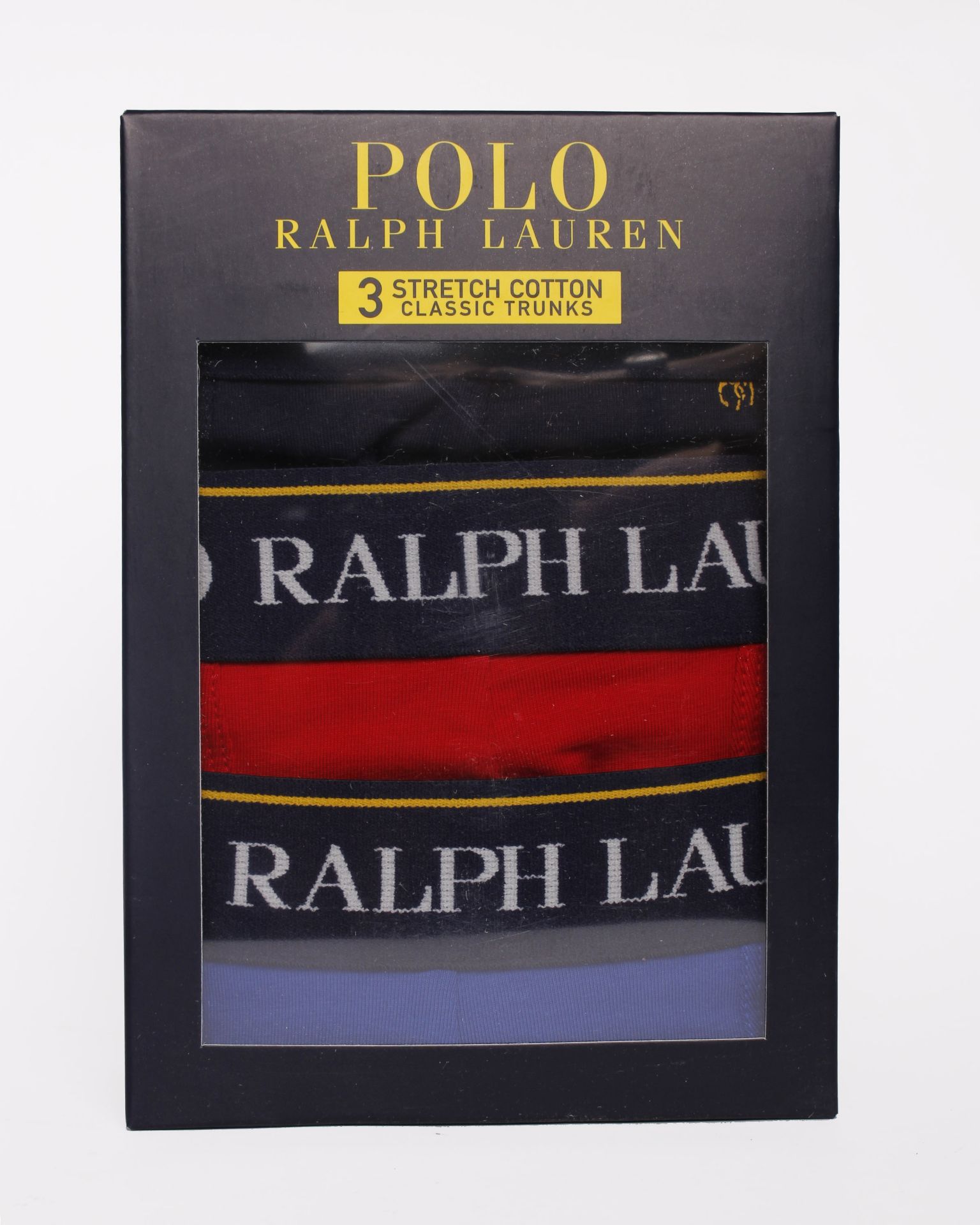 Five boxes of men's Polo Ralph Lauren 3 stretch cotton classic trunks (XL, black).