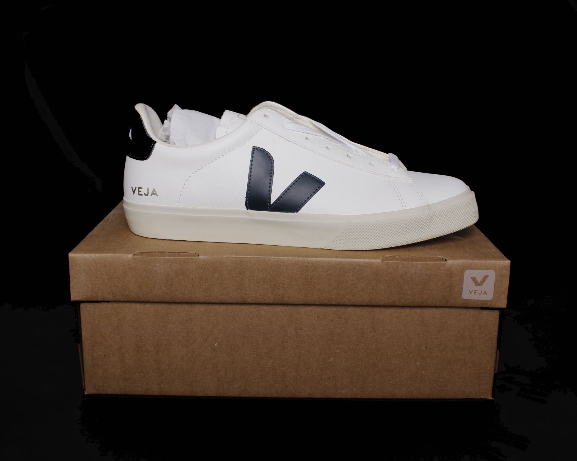 Three pairs of men's boxed as new Veja Campo Chromefree leather trainers in white and navy (UK 6,7