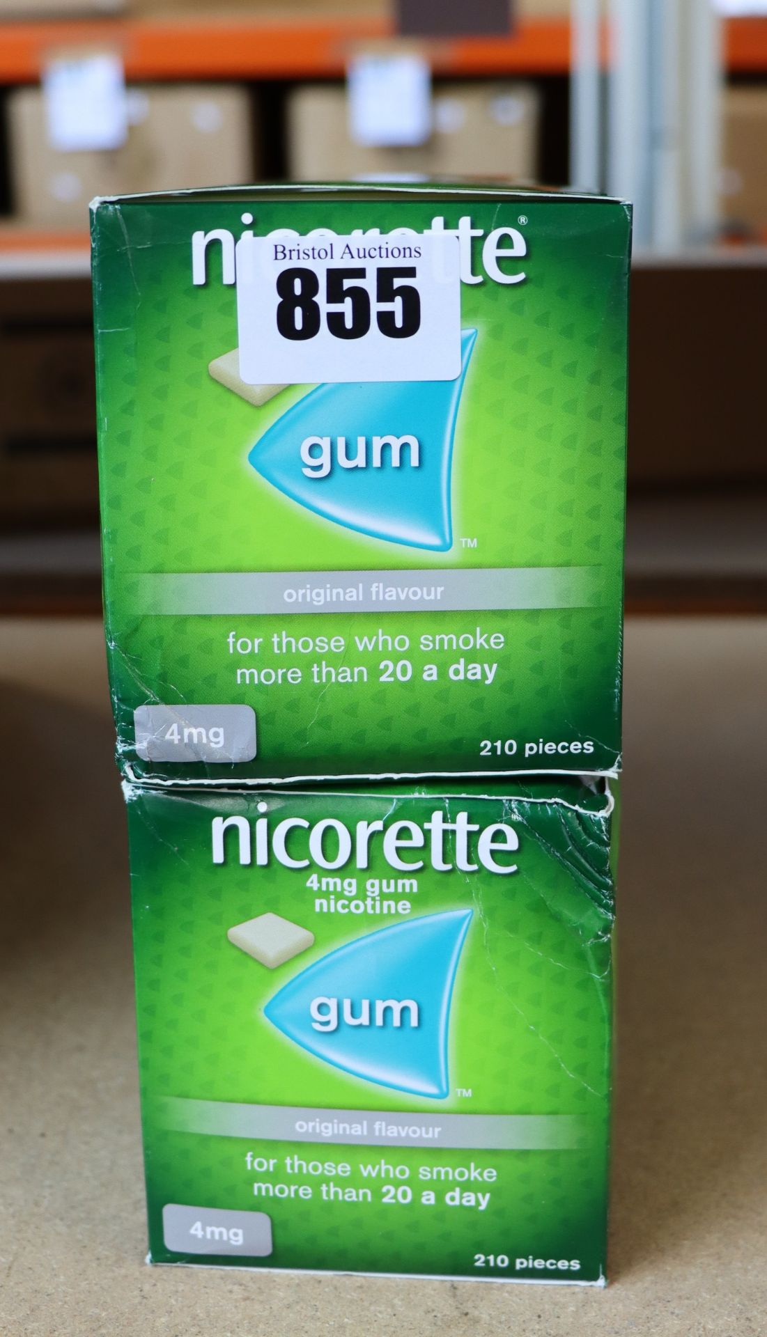 Six boxes of 120 Nicorette 4mg nicotine gum (07/2022).