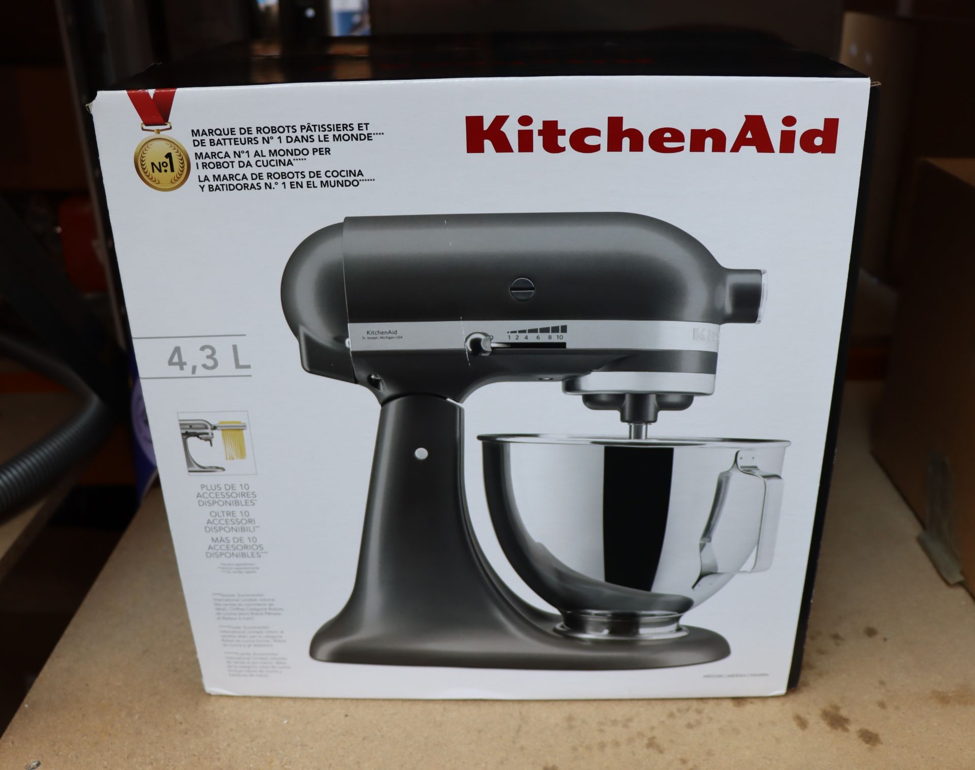 One boxed as new KitchenAid Stand Mixer with pouring shield in slate.