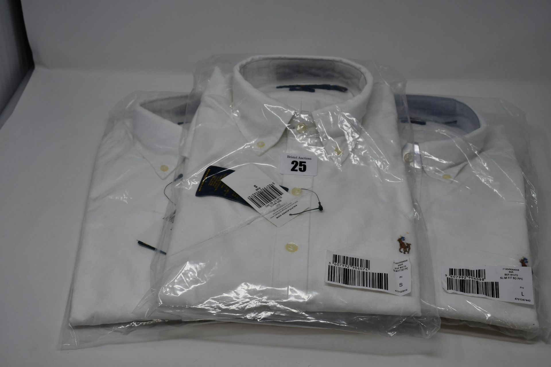 Three as new Ralph Lauren white oxford slim fit shirts ( Sizes 2 x S, 1 x L).