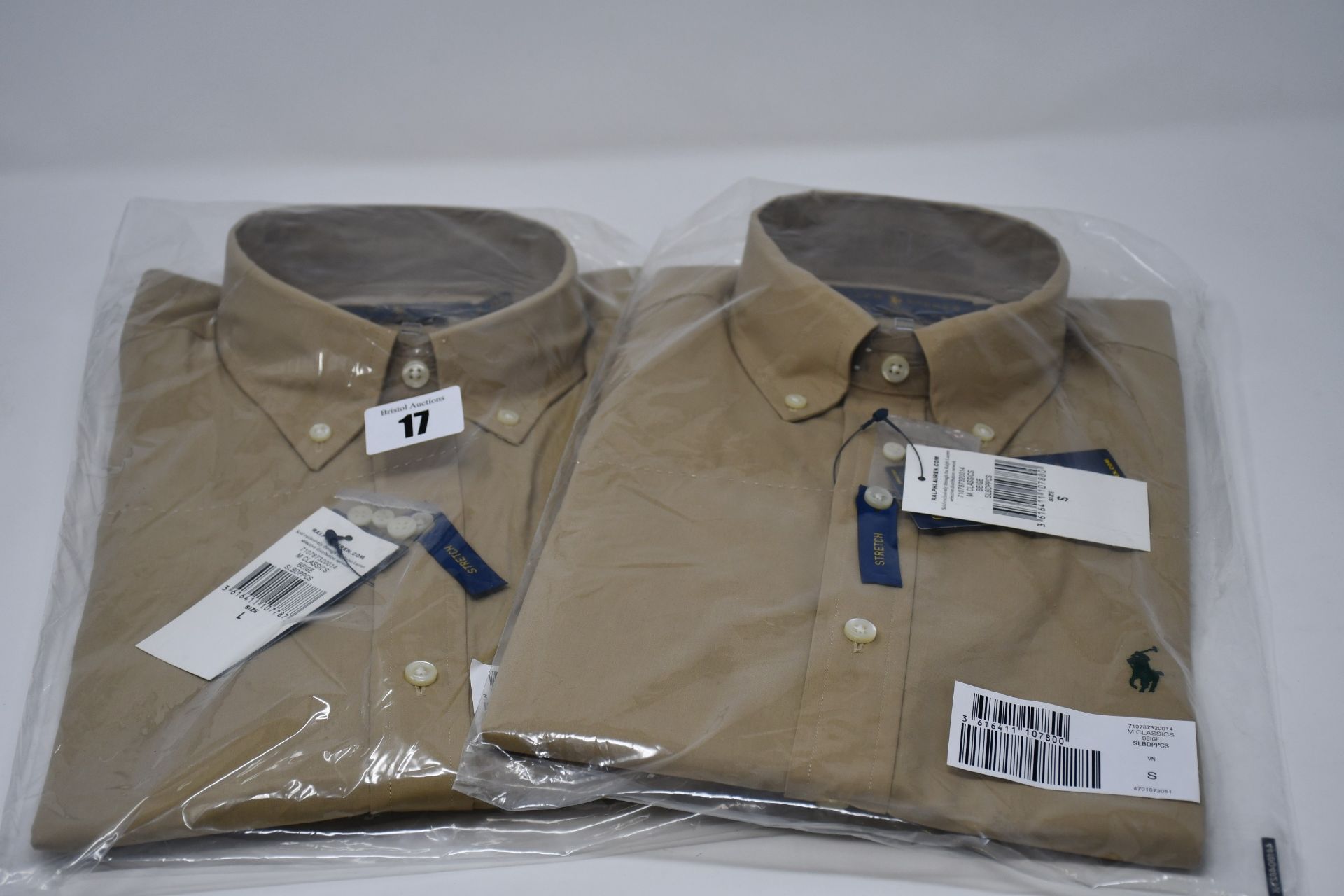 Two as new Ralph Lauren slim fit classics Beige stretch shirts (XL, XXL).