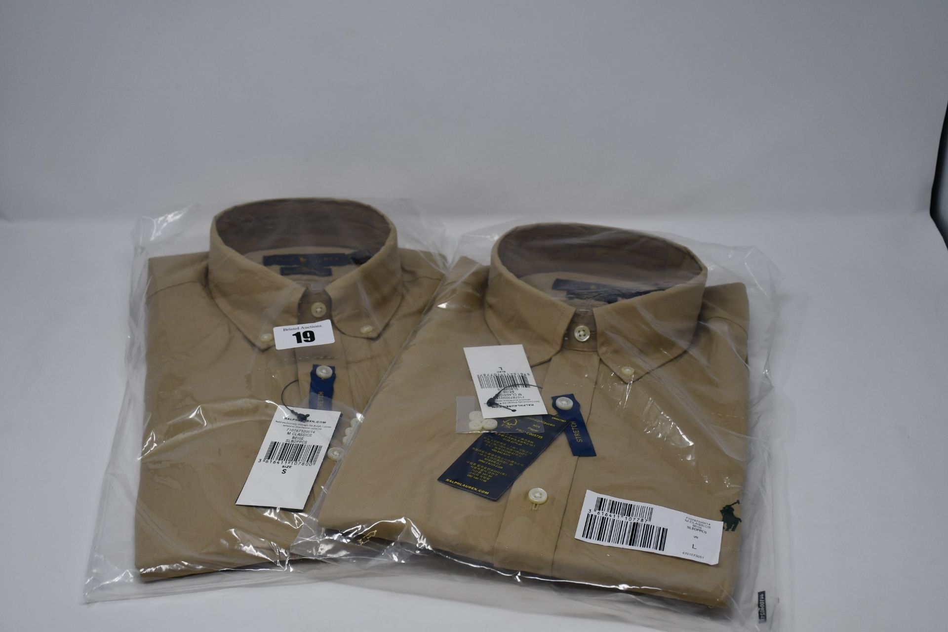Two as new Ralph Lauren slim fit classics Beige stretch shirts (S, L).