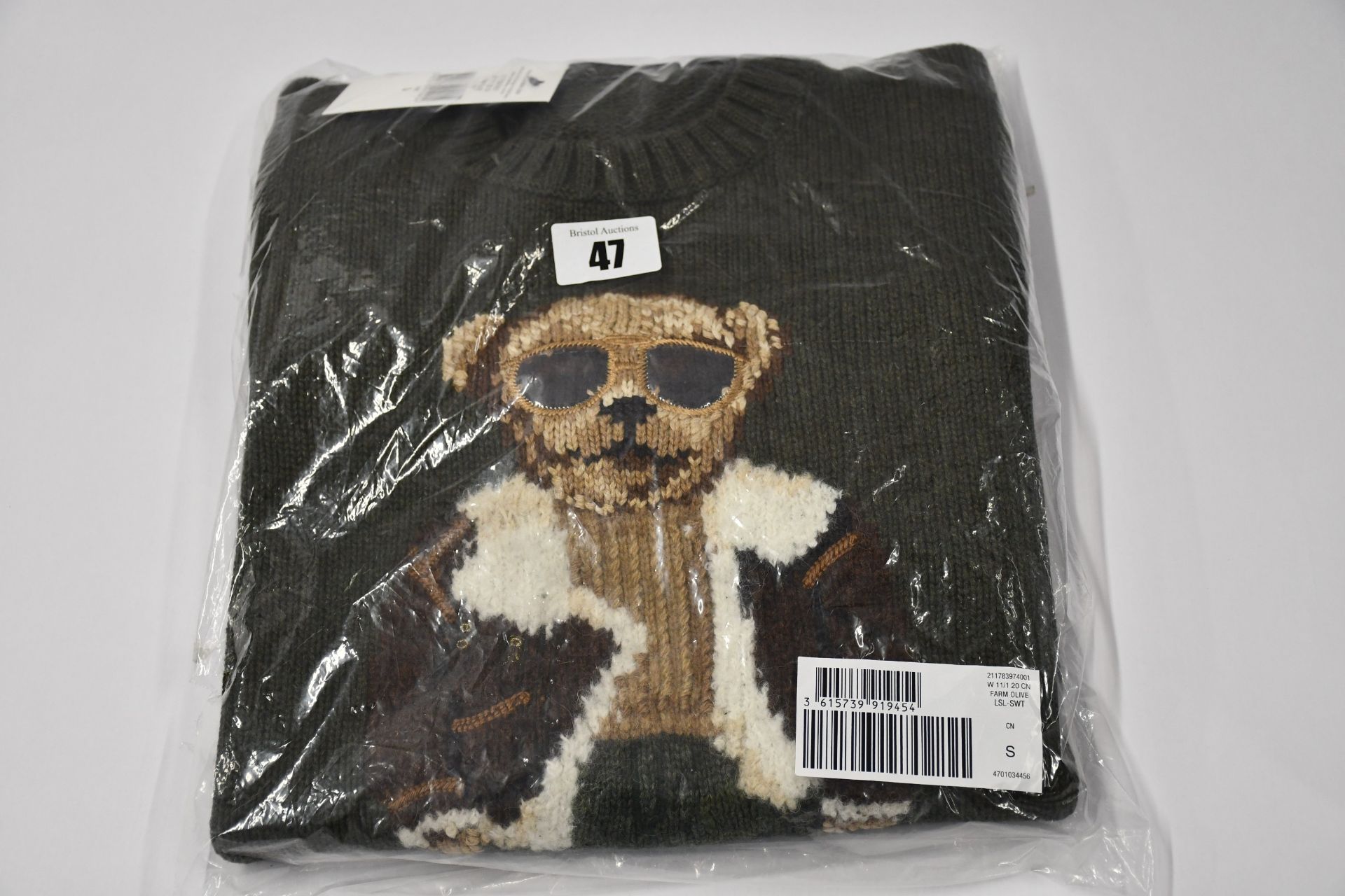 An as new Ralph Lauren Aviator Bear motif farm 0live jumper (S).