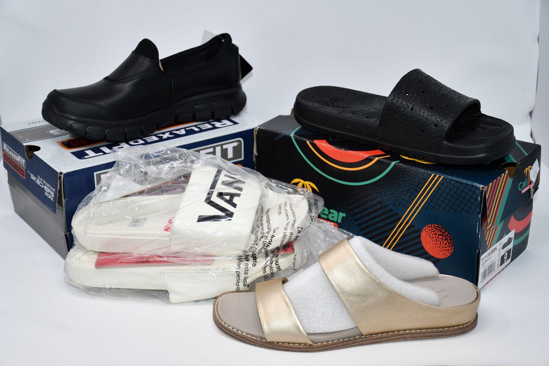 Three pairs of as new Skechers footwear; Sweet Chic Groupie (UK 6), gleam Beachy (UK 6) and Sure