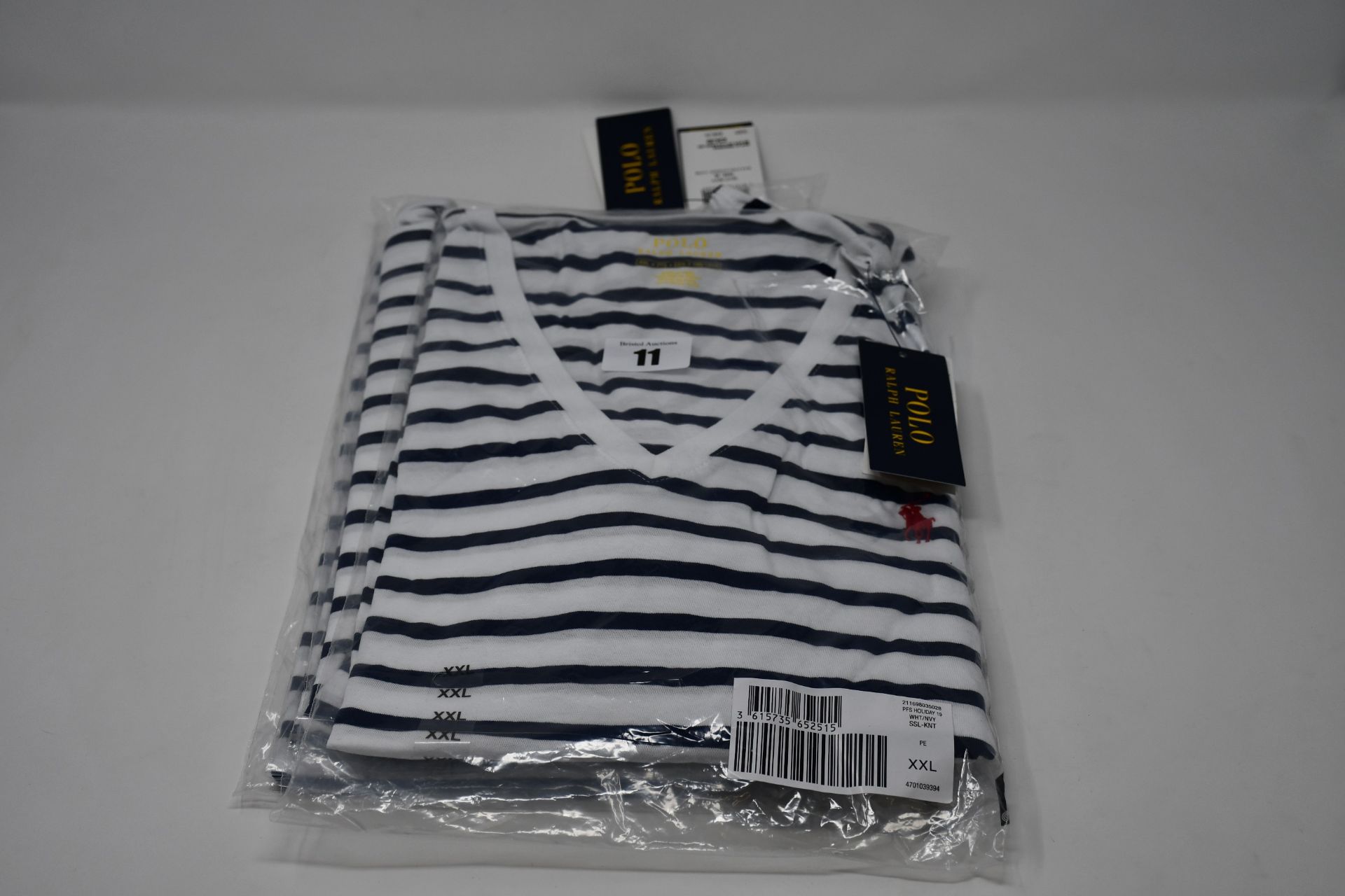 Four as new Ralph Lauren Polo classic blue and white striped short sleeve v neck ladies T-shirts (