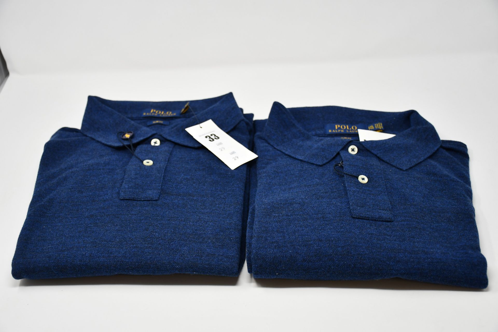 Two as new Ralph Lauren polo slim fit long sleeved classics blue polo top (2 x XL).