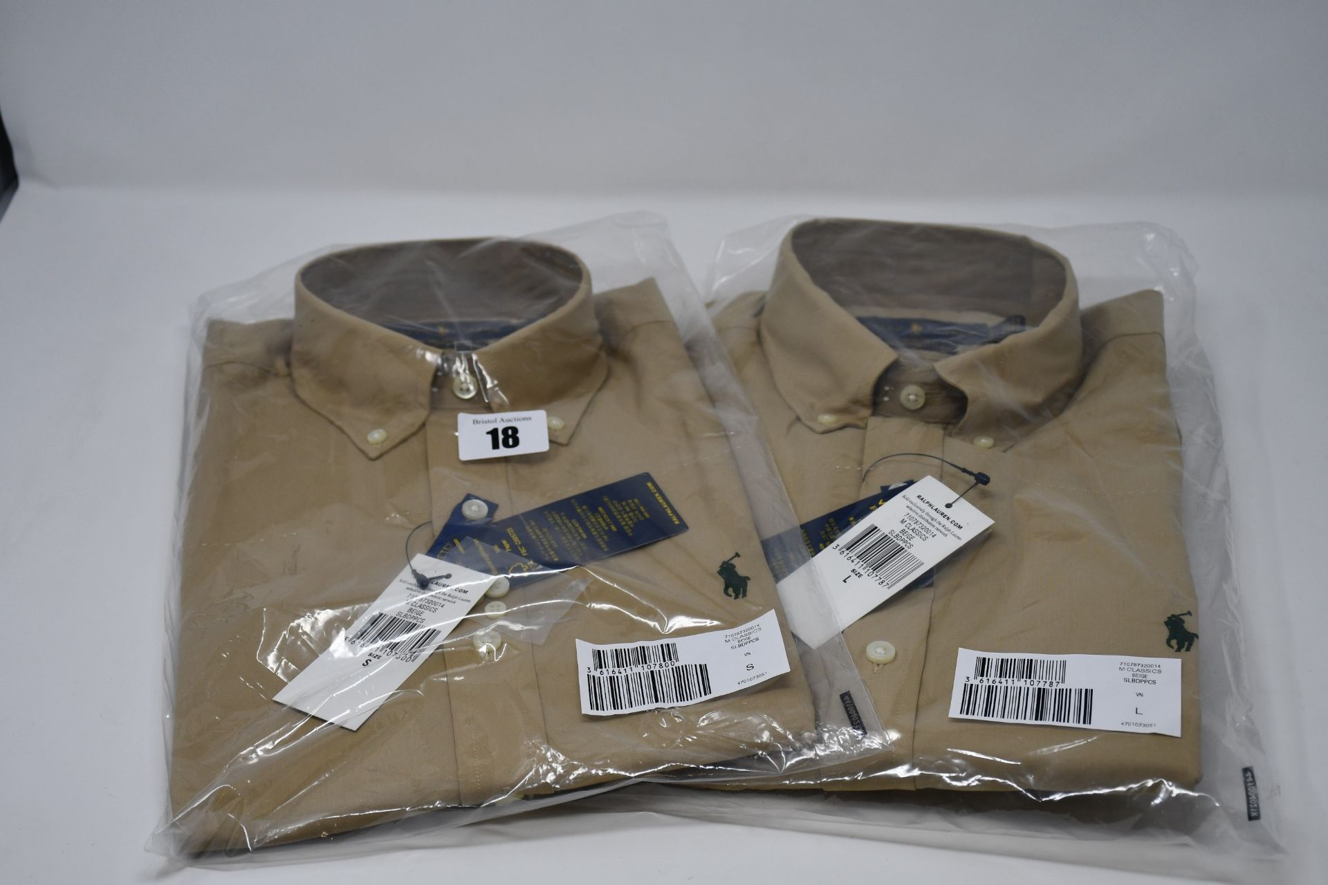 Two as new Ralph Lauren slim fit classics Beige stretch shirts (S, L).