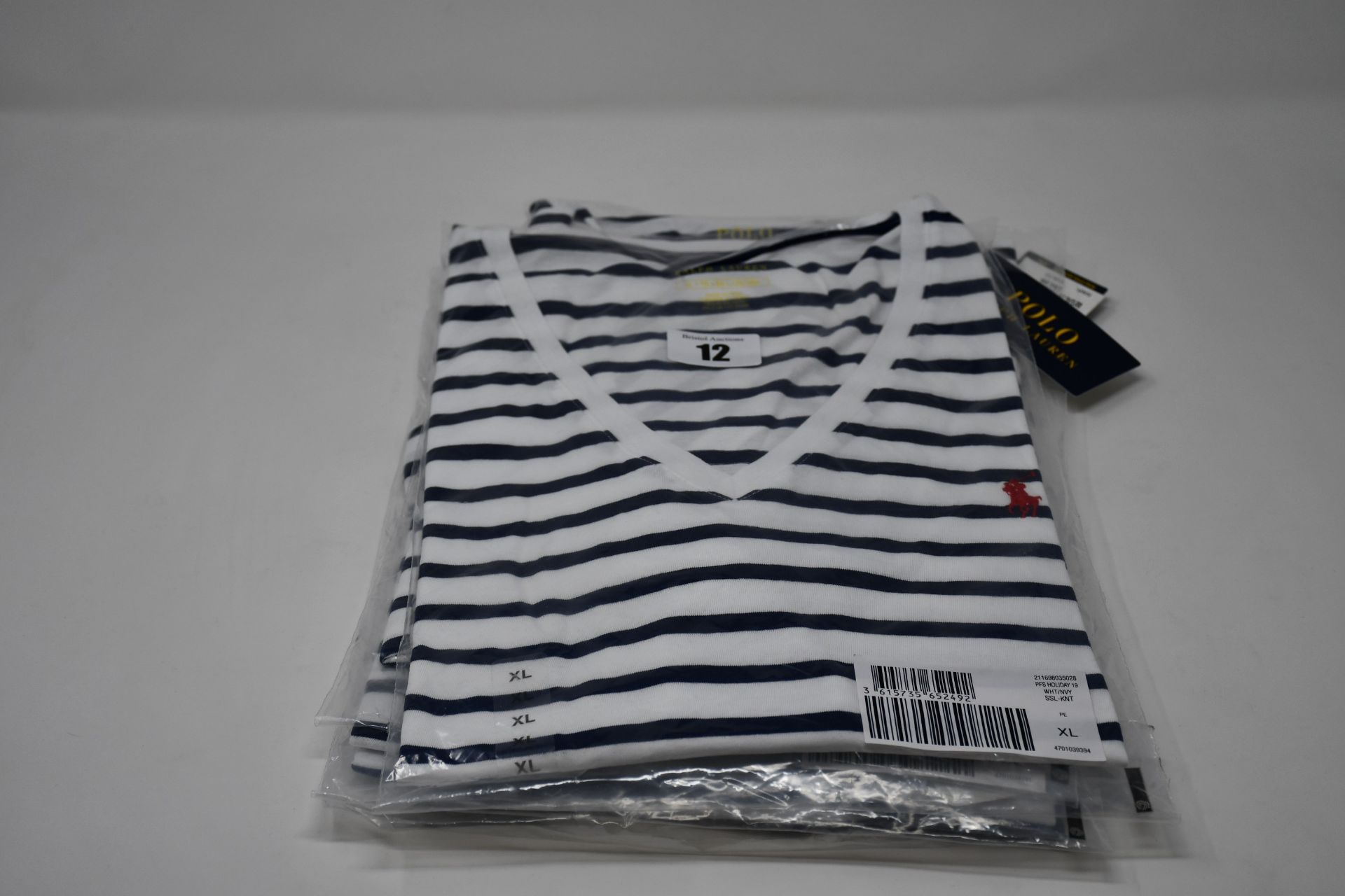 Four as new Ralph Lauren Polo classic blue and white striped short sleeve v neck ladies T-shirts (