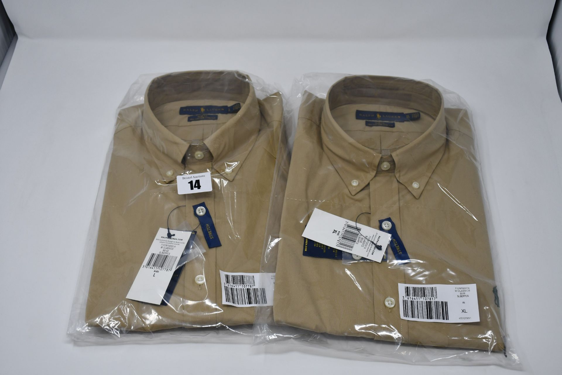 Two as new Ralph Lauren slim fit classics Beige stretch shirts (L, XL).