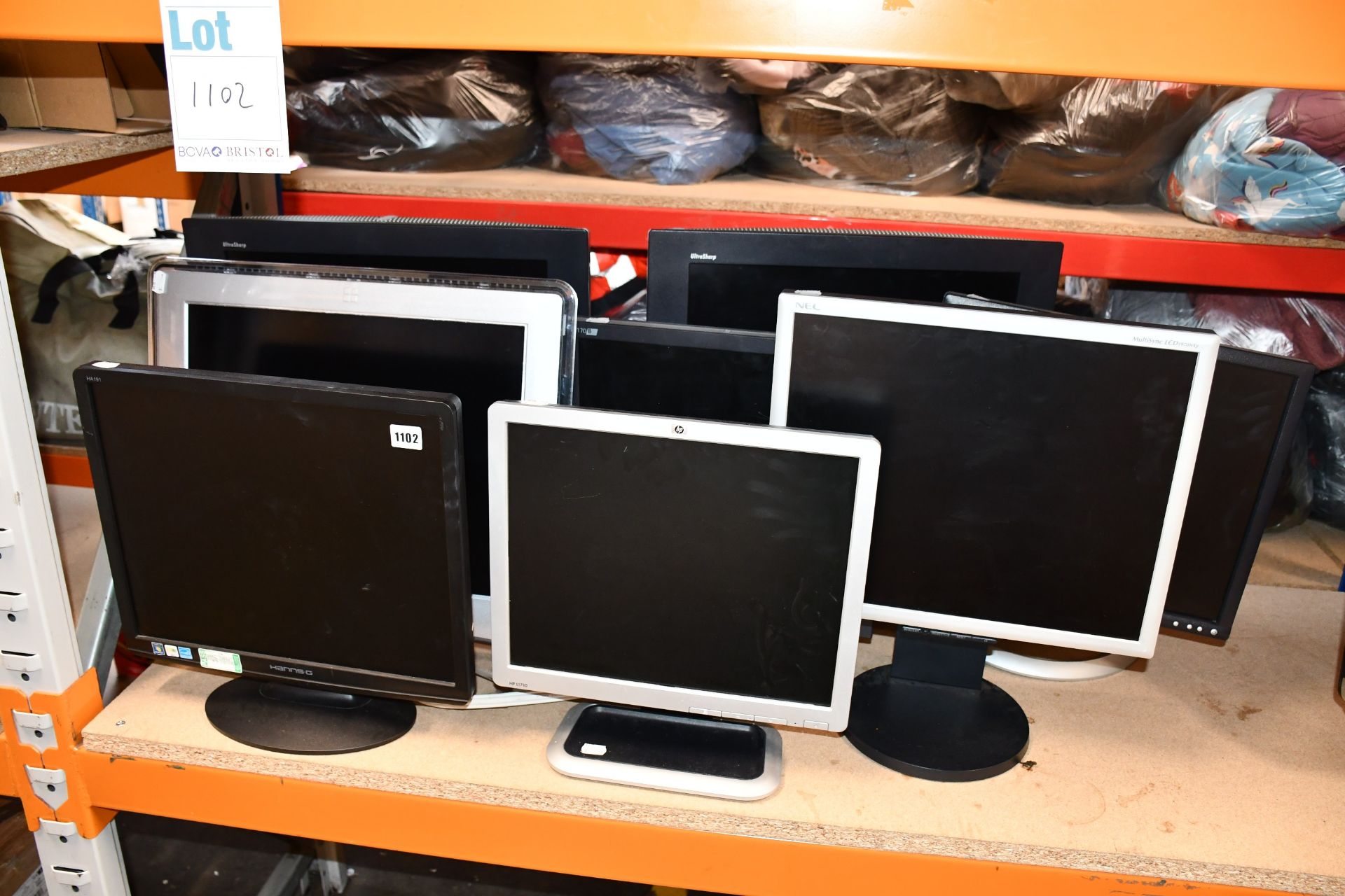 Eight computer monitors; 2 x Dell Ultrasharp 2000FP , 1 x Formac Gallery, 1 x Hanns G HSG1097, 1 x