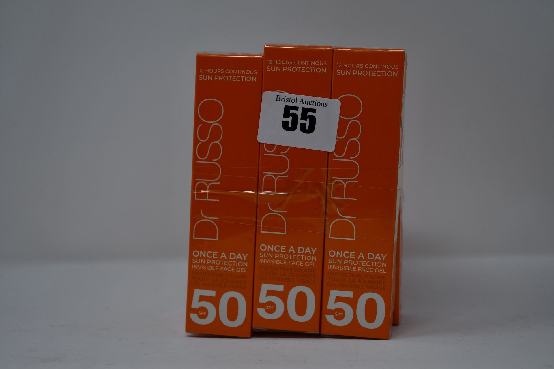 Six as new Dr Russo Once A Day sun protection invisible face gels SPF 50 (30ml).