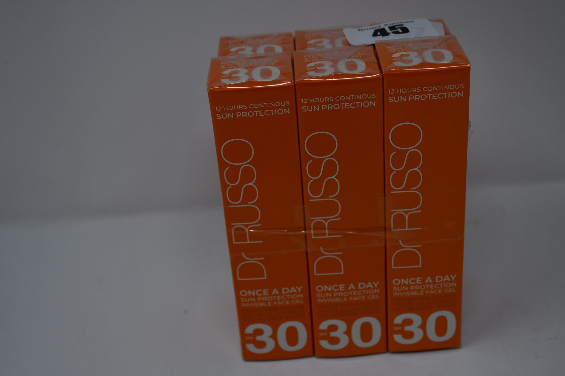 Six as new Dr Russo Once A Day sun protection invisible face gels SPF 30 (30ml).