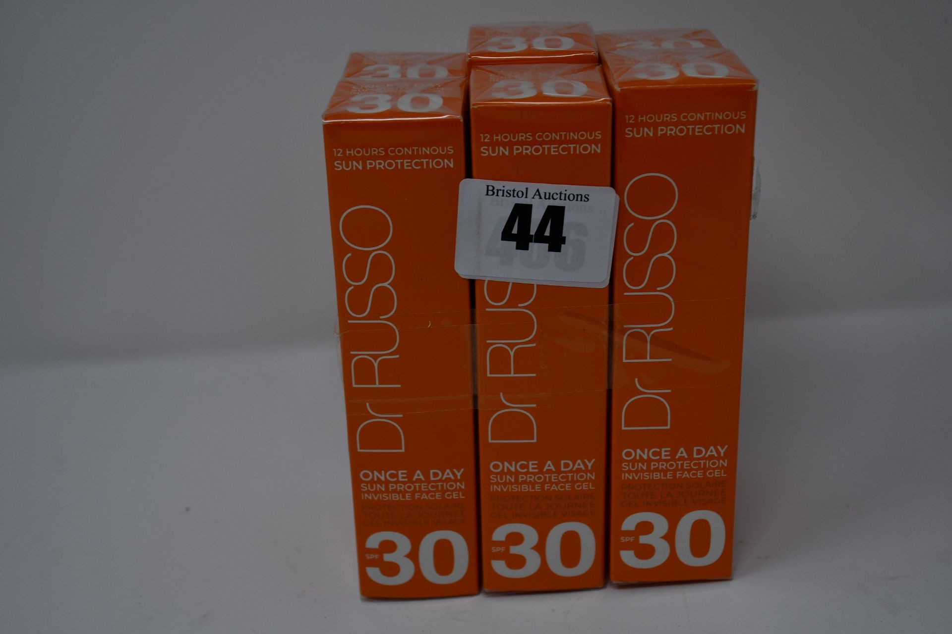 Six as new Dr Russo Once A Day sun protection invisible face gels SPF 30 (30ml).