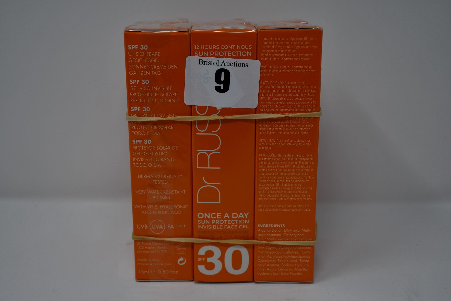 Six boxed as new Dr Russo Once a day Sun Protection Invisible Face Gel (SPF 30. 15ml).