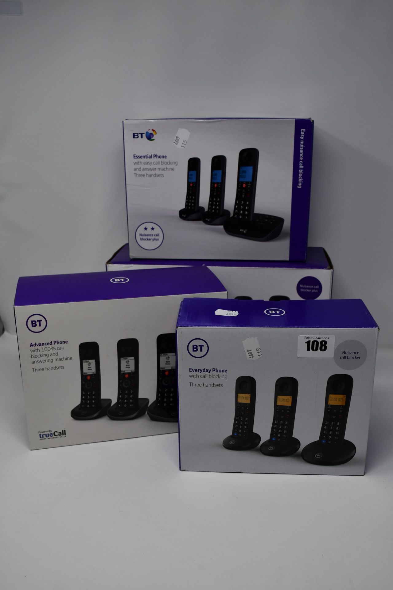 Four boxed as new BT diverse cordless phones sets.